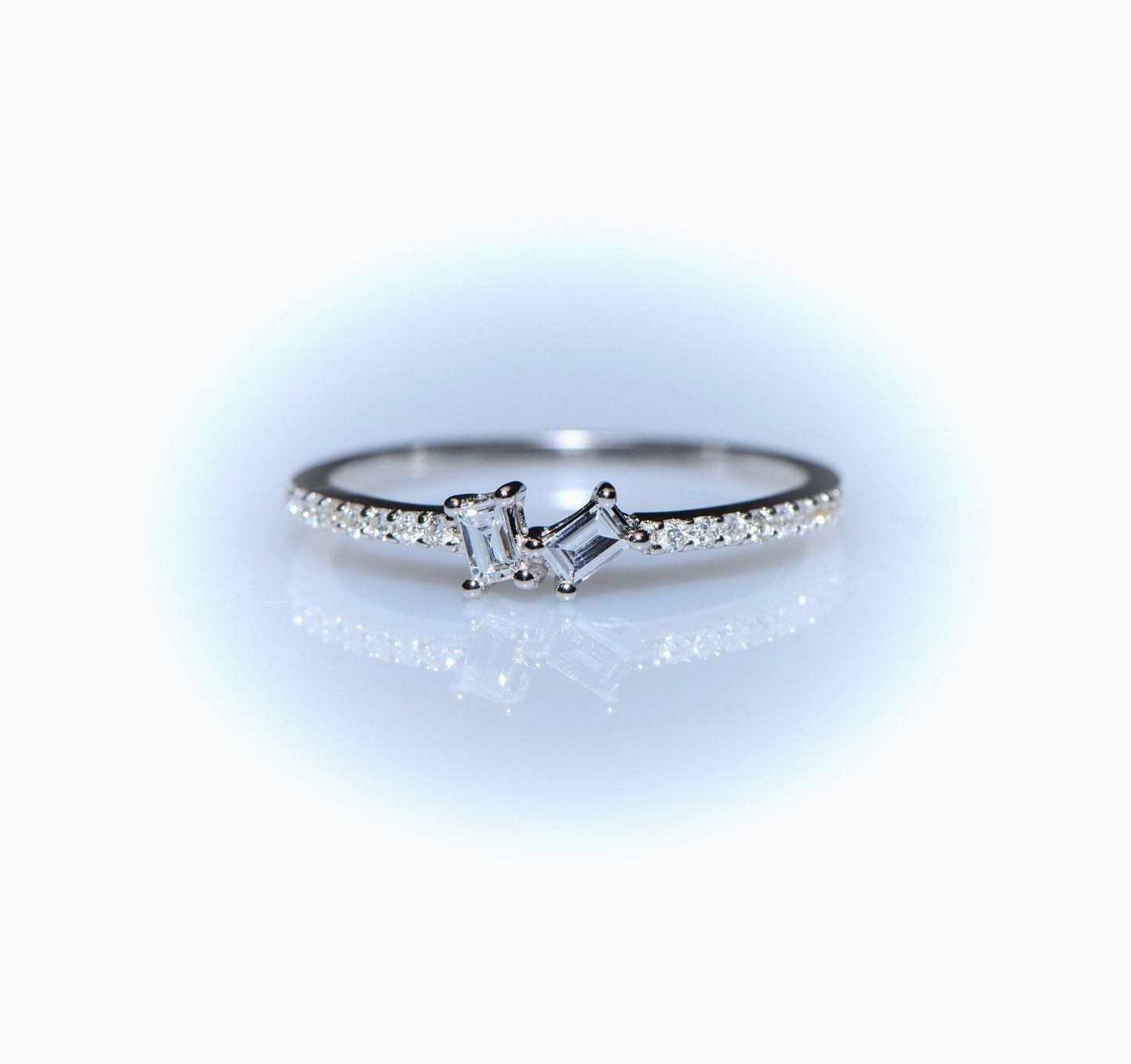 14K White Gold Baguette Diamond Ring with Round Accents, Dainty Thin Band Engagement or Gift Ring for Her