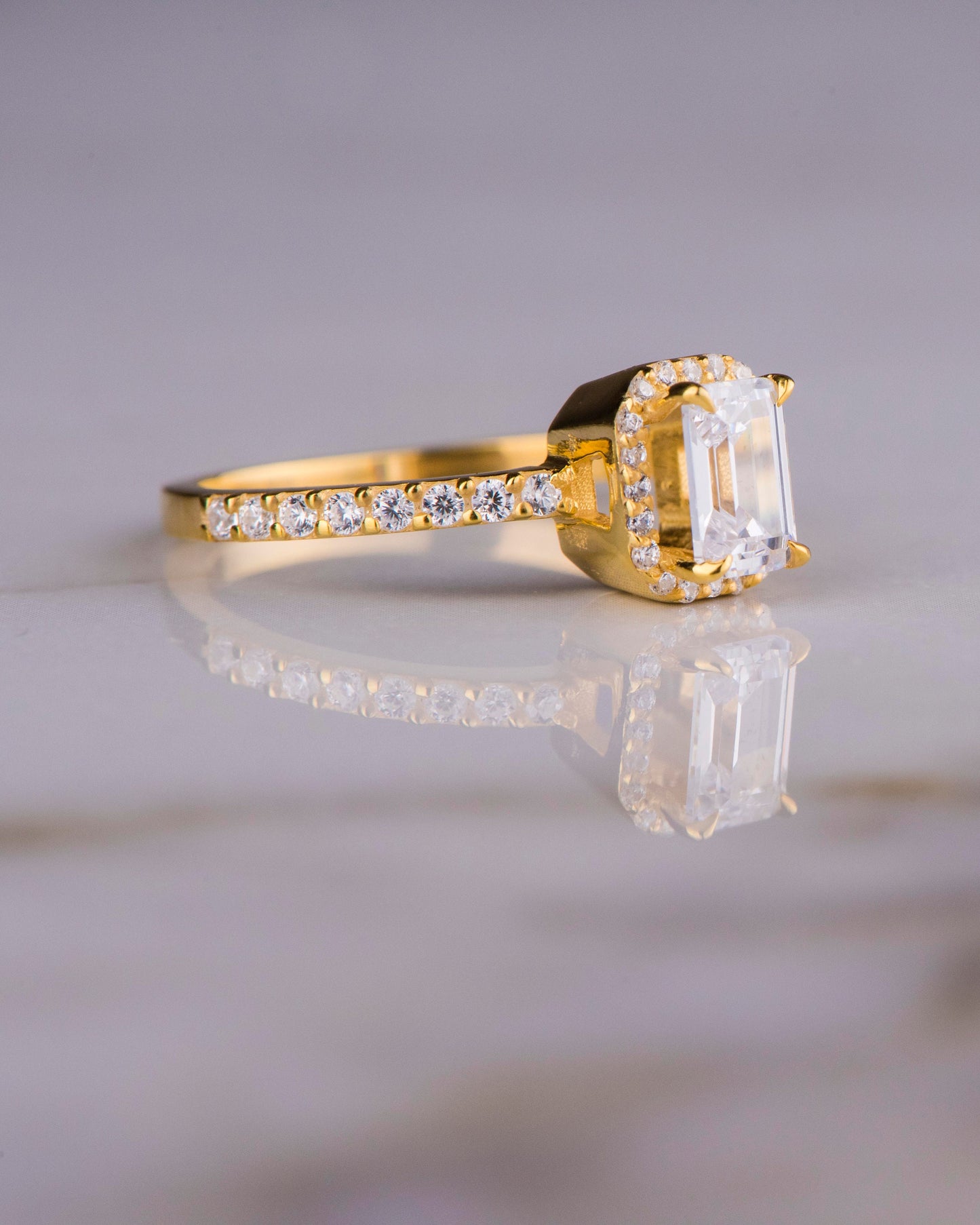 Emerald Cut Moissanite Halo Ring – 14K Yellow Gold, GIA Certified Stones, Handmade Engagement or Gift Ring