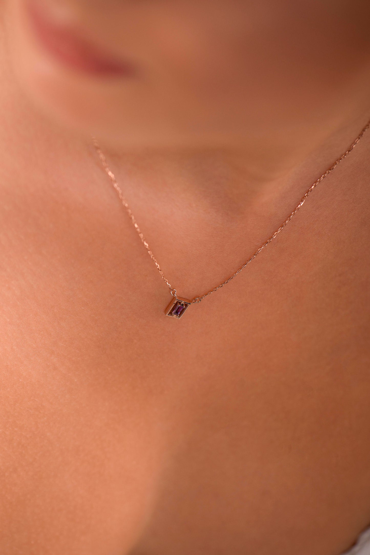 Rectangular Frame Gemstone Necklace in 14K or 8K Gold - Minimalist Baguette amethyst,Pendant Gift for Her