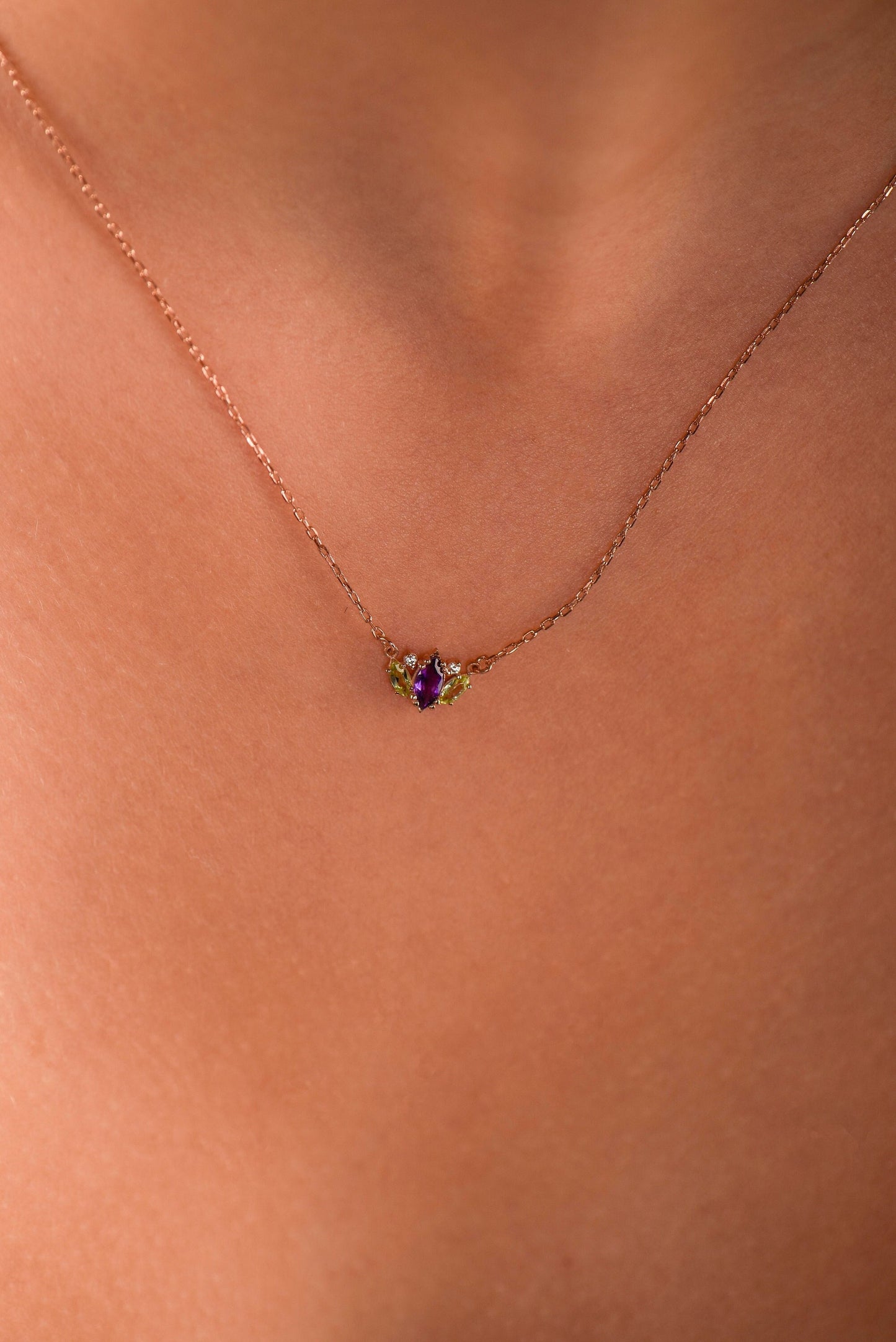 Gold Amethyst Stone Necklace, Peridot Stone Necklace, Amethyst and Peridot Stone Necklace, Marquise Cut Necklace,Christmas Gift Necklace