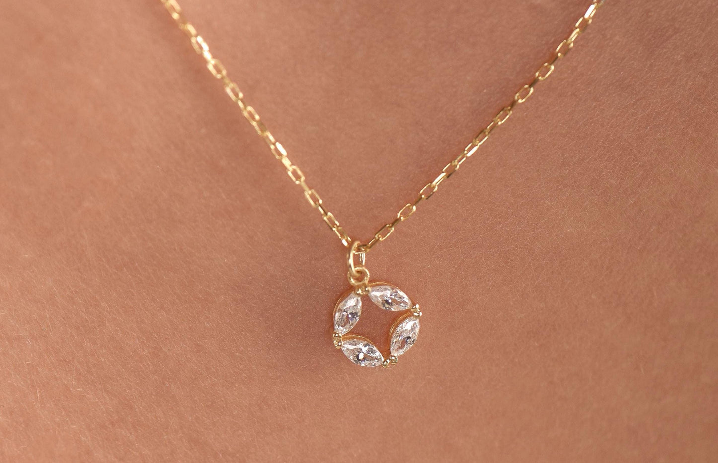 14K Yellow Gold White Sapphire Circle Necklace - Marquise Cut Gemstone Pendant for Women