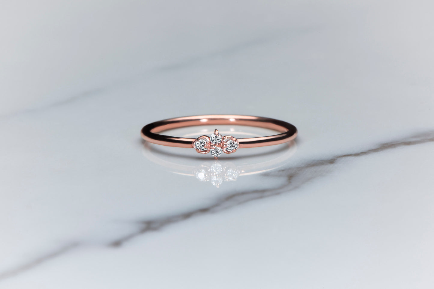 14K Rose Gold Minimalist Diamond Ring, Dainty Thin Band with Four Round Cut Diamonds, Everyday Fine Jewelry for Her