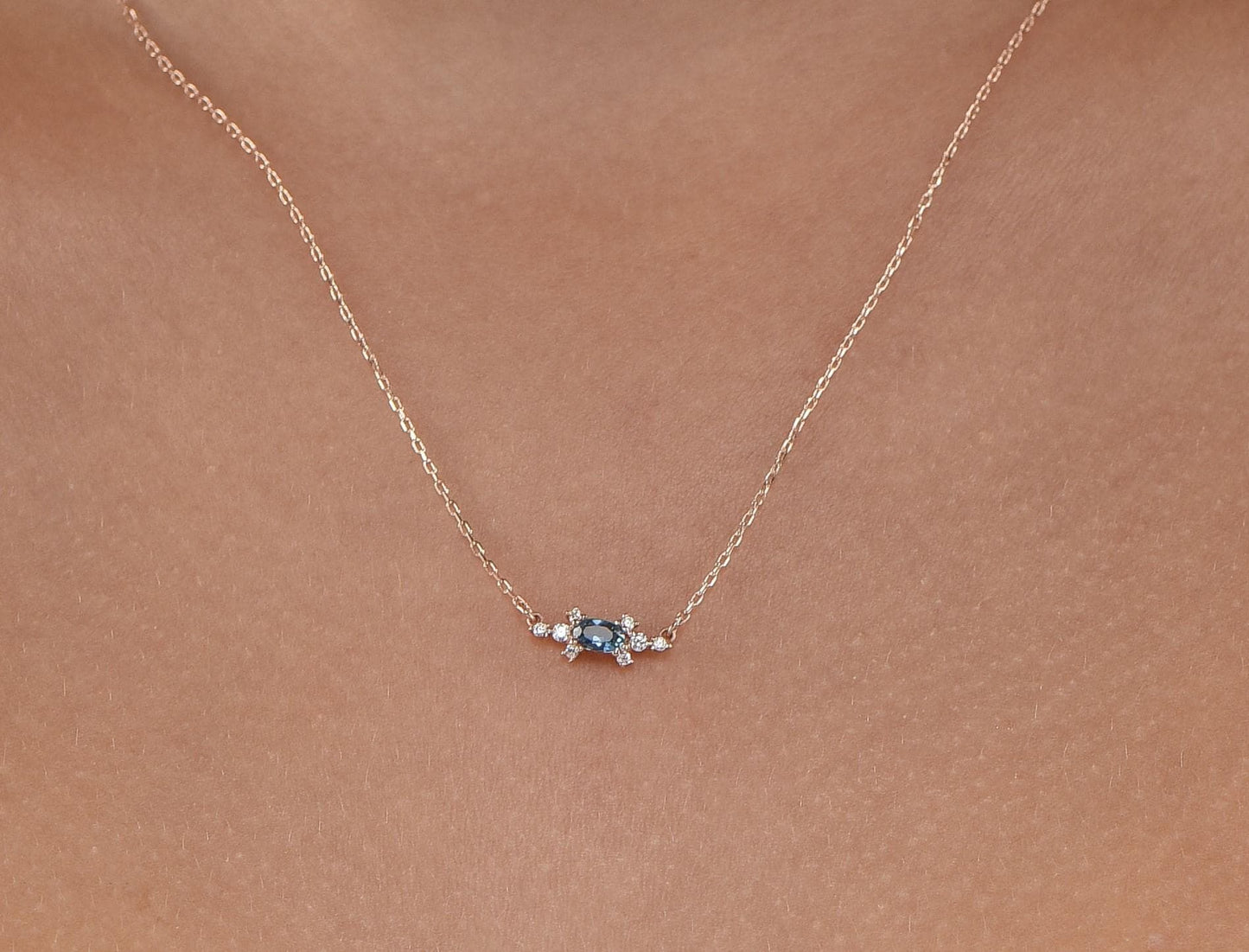 14K Rose Gold London Blue Topaz and Diamond Cluster Necklace - Oval Cut Gemstone Pendant for Her