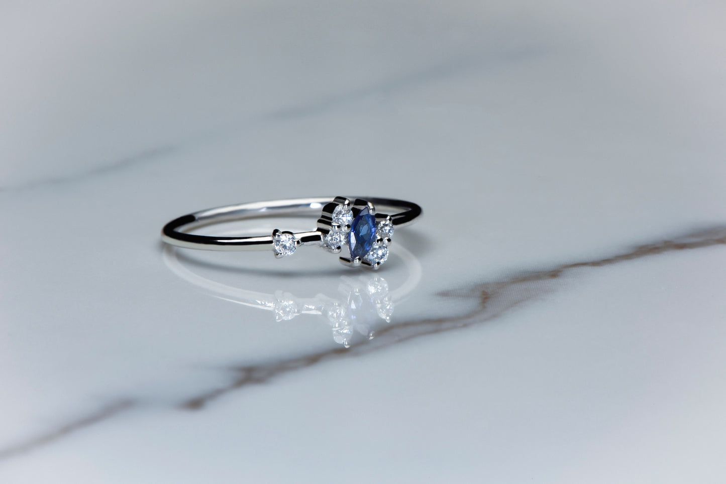 Marquise Sapphire Ring – 14K White Gold | Diamond Accent Band | Minimalist Birthstone Ring | Mother’s Day Gift