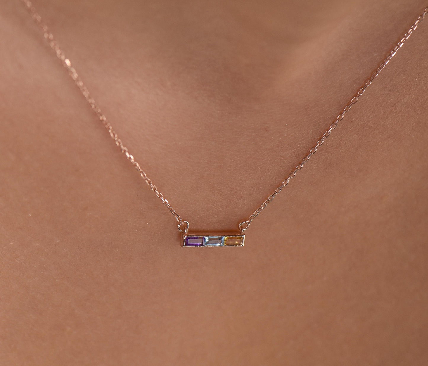14K Yellow Gold Baguette Amethyst, Aquamarine, Citrine Necklace - Modern Triple Gemstone Bar Pendant