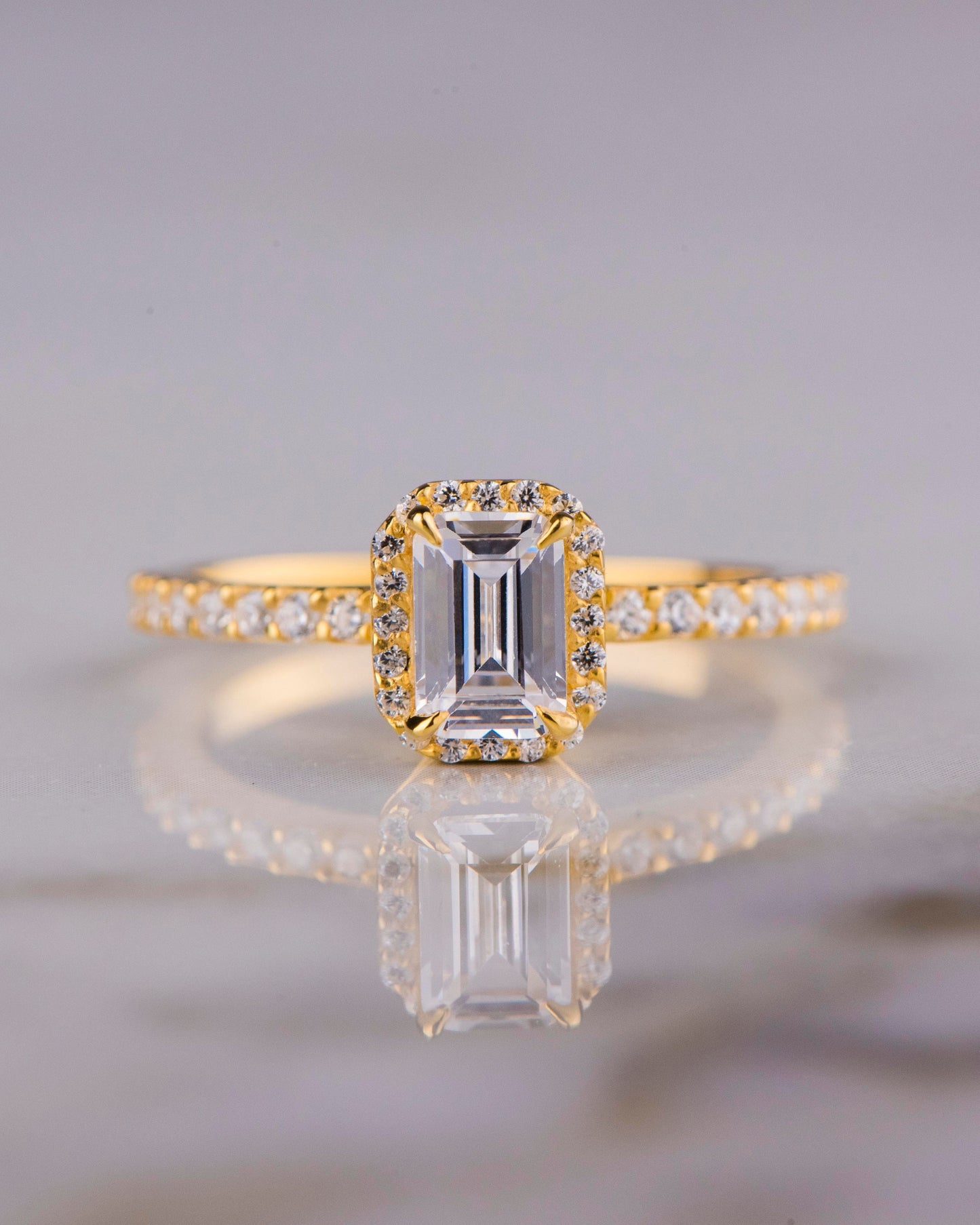 Emerald Cut Moissanite Halo Ring – 14K Yellow Gold, GIA Certified Stones, Handmade Engagement or Gift Ring