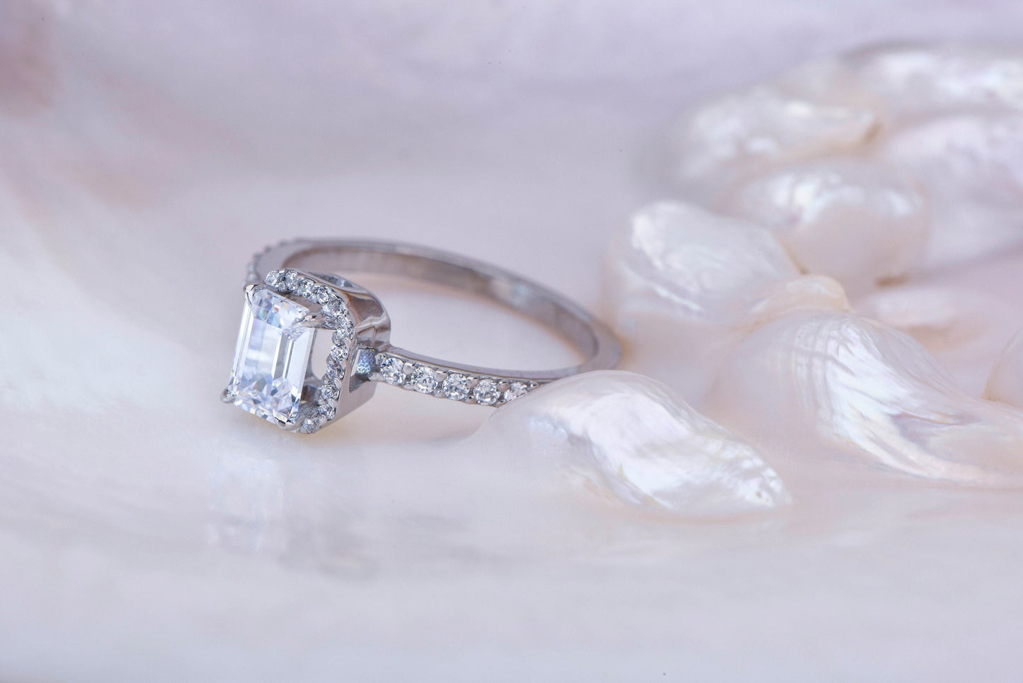 Emerald Cut Moissanite Halo Engagement Ring – 14K White Gold, GIA Certified, Dainty Handmade Ring, Customizable Gemstone Option