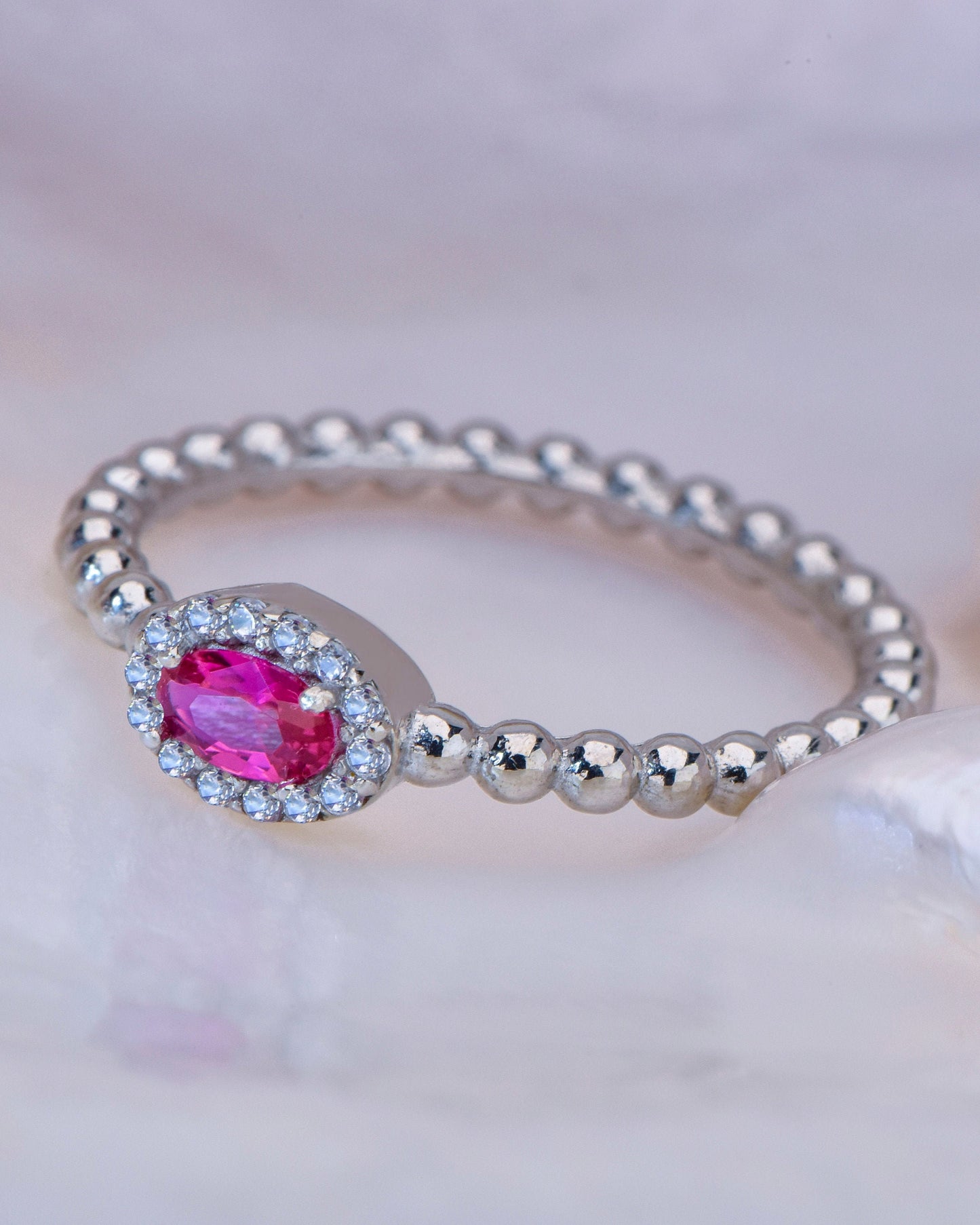 Oval Cut Pink Gemstone Halo Ring – 14K White Gold Beaded Band with Diamonds | Handmade Elegant Mother’s Day Gift