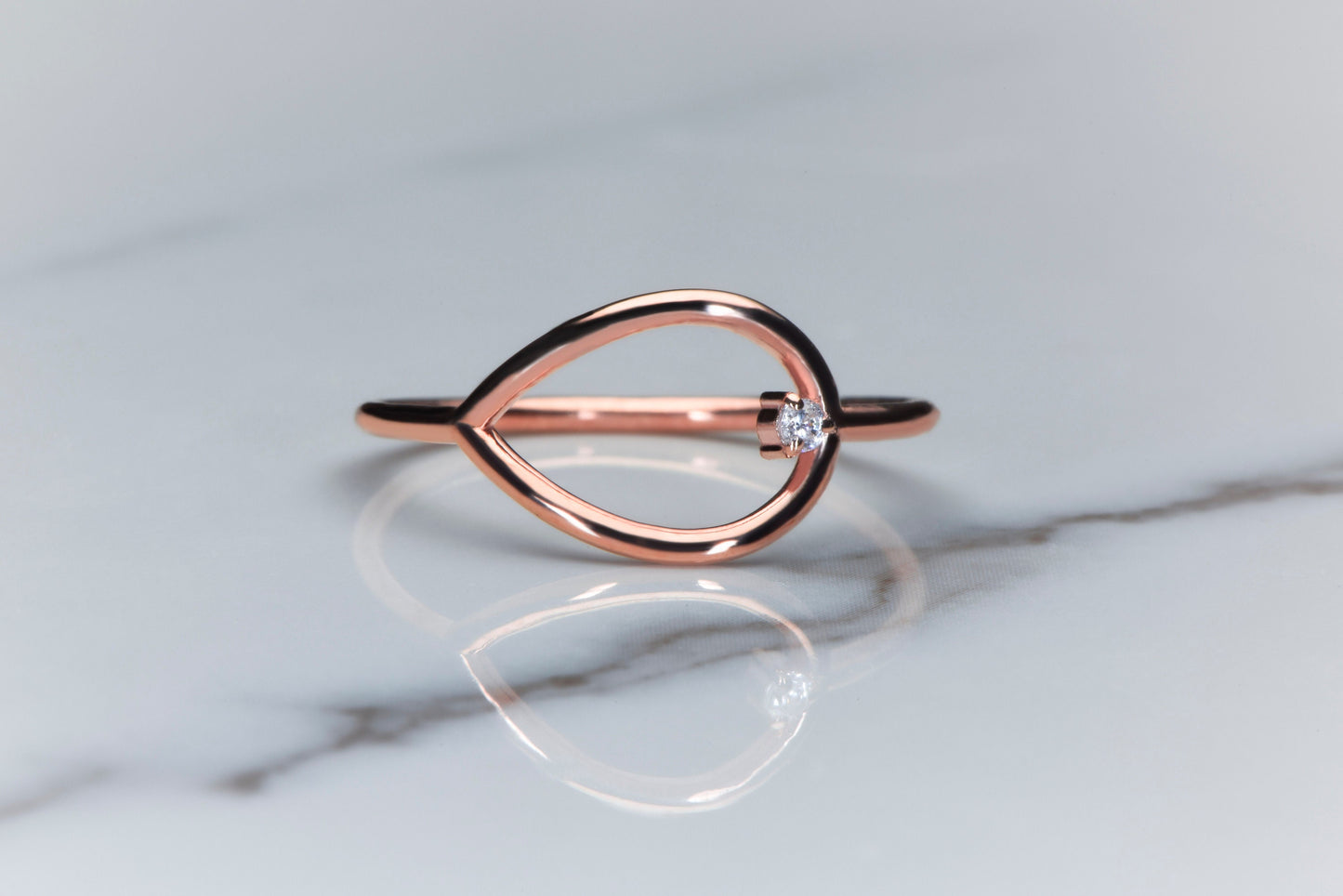 14K Solid Gold Teardrop Ring with Diamond – Minimalist Handmade Dainty Ring