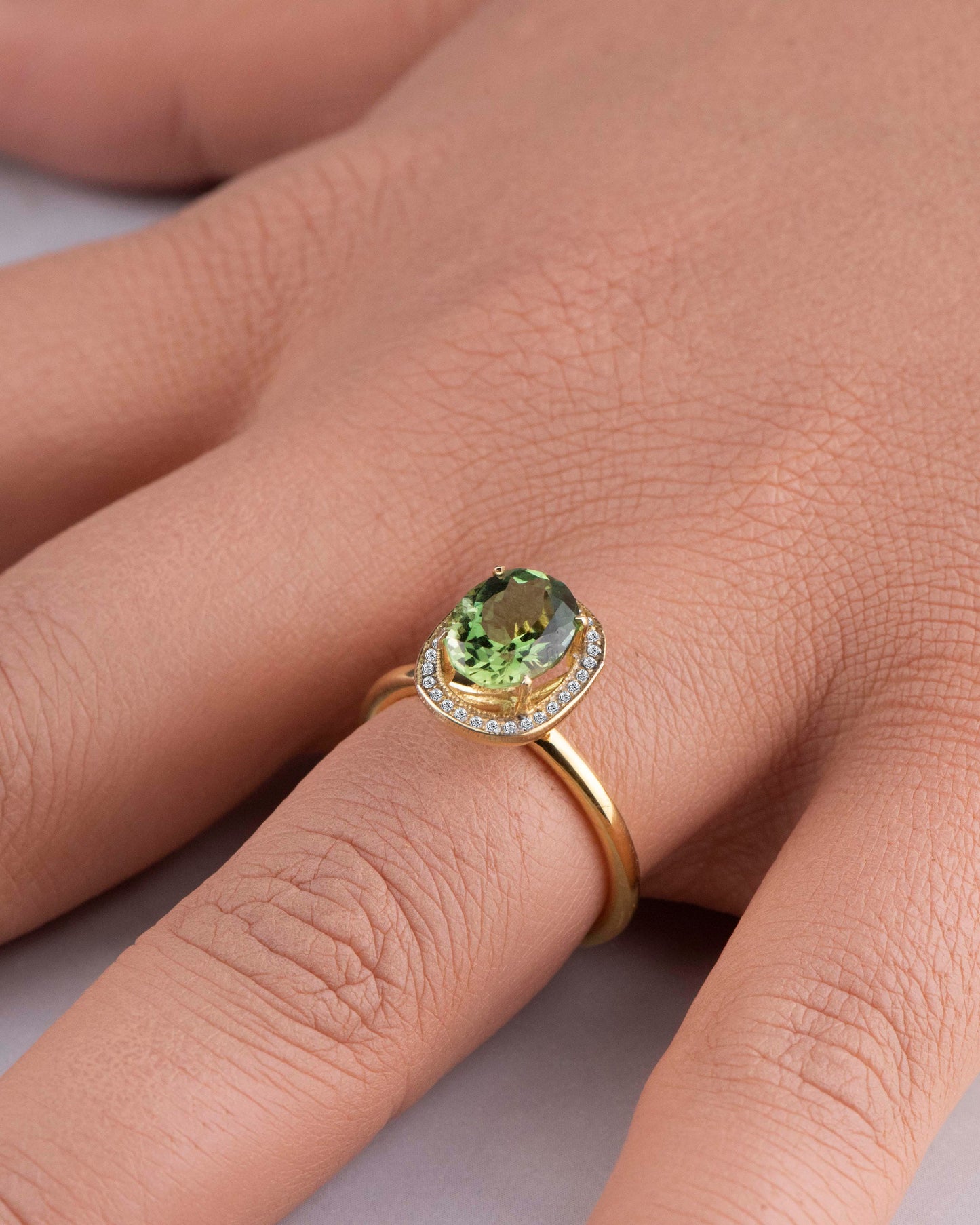Vintage Oval Cut Peridot and Diamond Ring in 14k Solid Gold – August Birthstone Halo Ring for Her