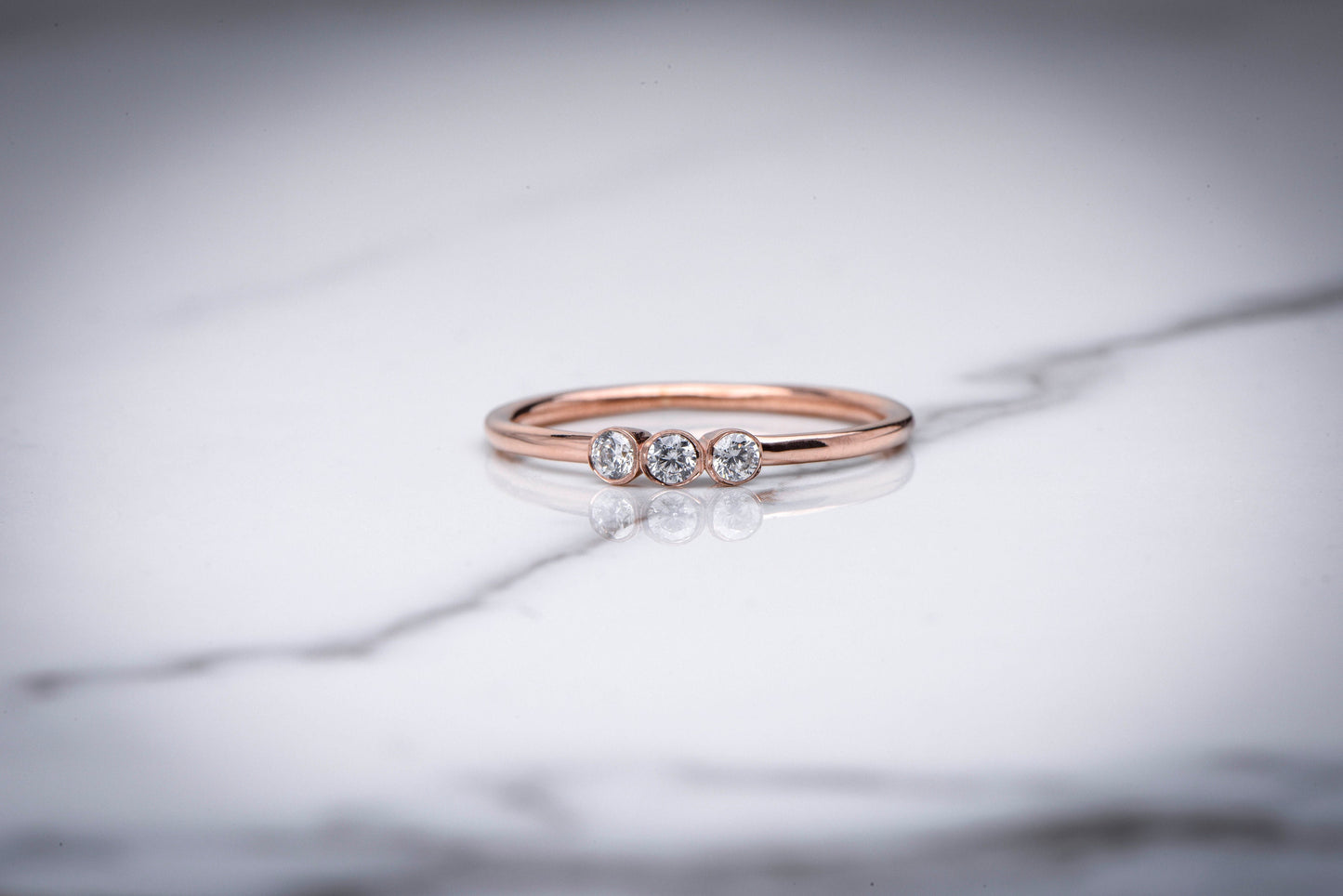 Three Stone Bezel Set Ring in 8K 14K 18K Gold | Customizable Birthstone Diamond Zircon Option | Dainty Trio Ring