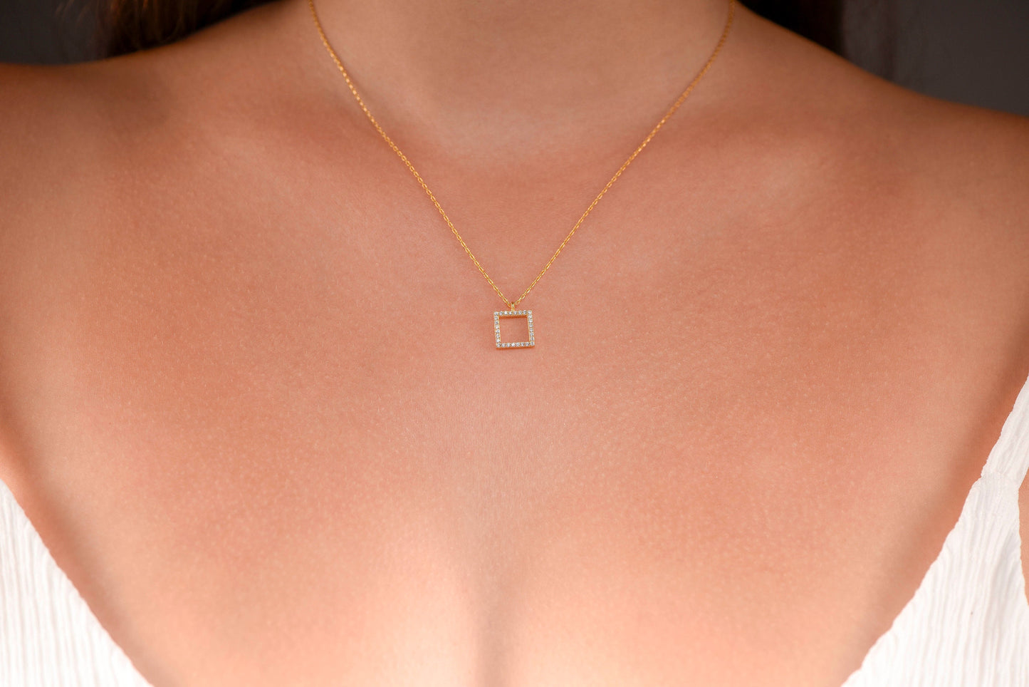 Solid Gold Square Diamond Necklace - Dazzling Statement Piece-Solid Gold Diamond Necklace- Gift for Mom