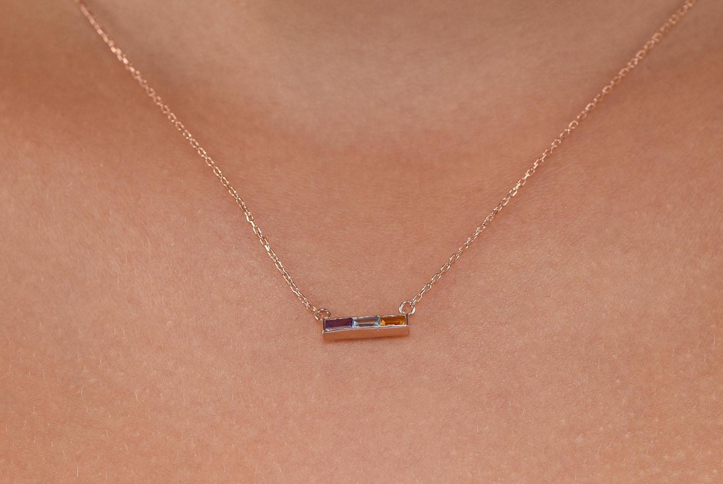 14K Yellow Gold Baguette Amethyst, Aquamarine, Citrine Necklace - Modern Triple Gemstone Bar Pendant
