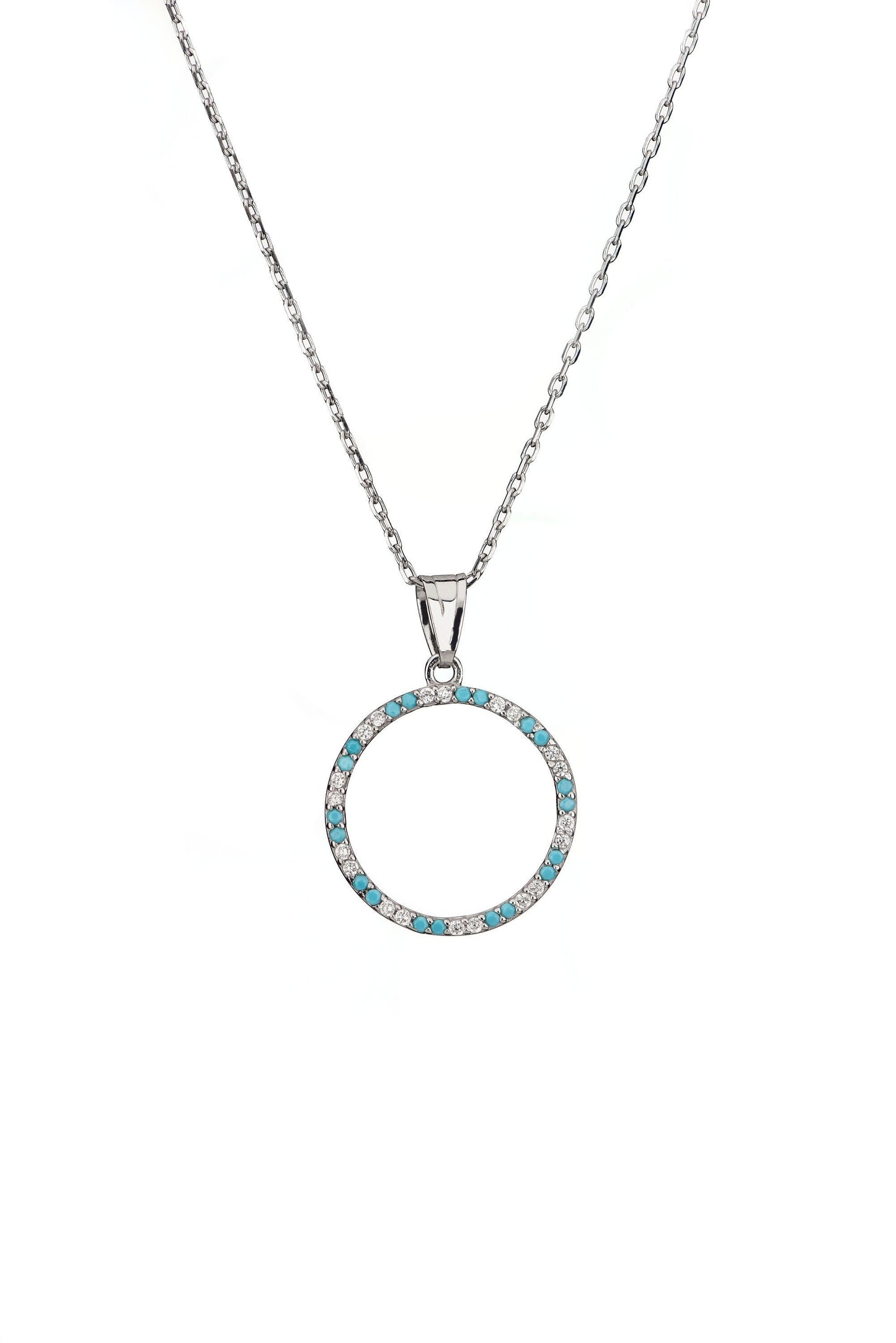 Stunning Diamond and Turquoise Circle Necklace,Modern and Versatile Jewelry,Birthday Gift Necklace,Christmas Gift Necklace,X-mas Gift Charm