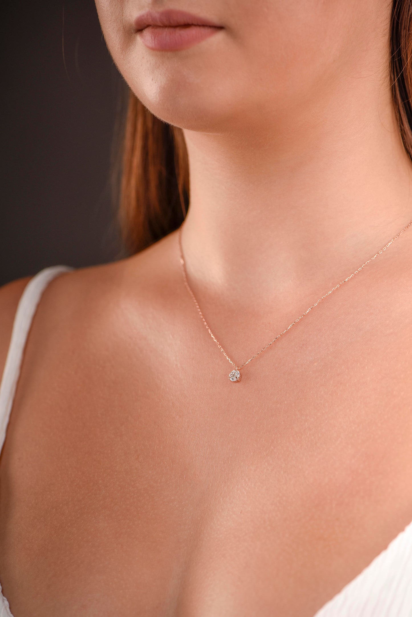 14K Rose Gold White Sapphire Necklace - Marquise Cut Cluster Pendant for Her