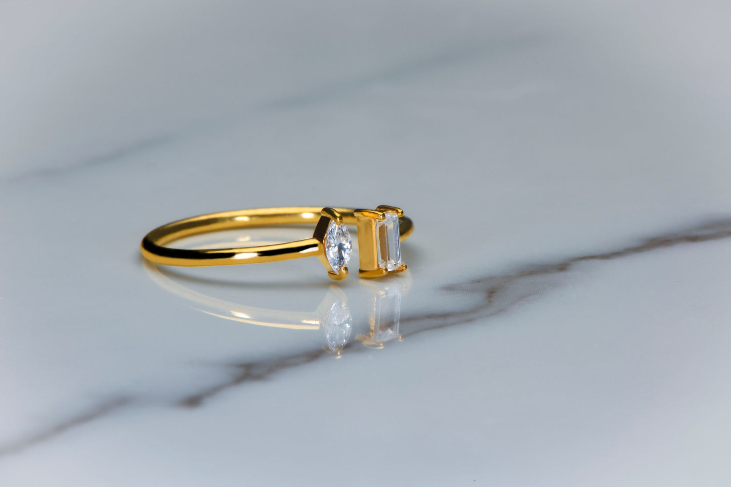 14K Solid Gold Open Ring with Marquise & Baguette Diamond – Minimalist Statement Ring
