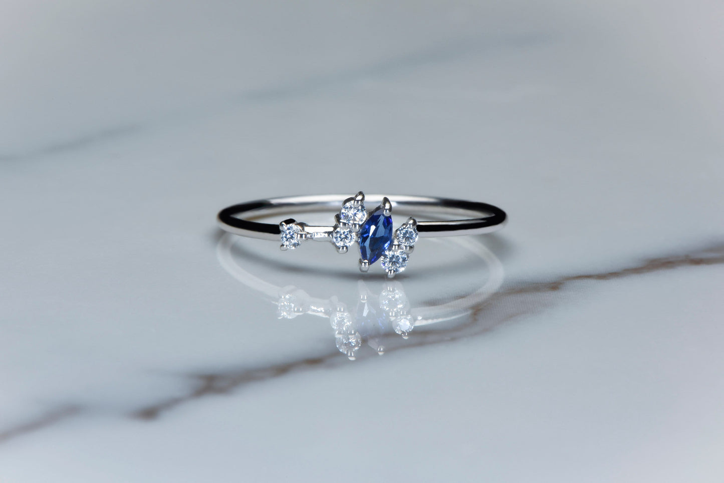 Marquise Sapphire Ring – 14K White Gold | Diamond Accent Band | Minimalist Birthstone Ring | Mother’s Day Gift