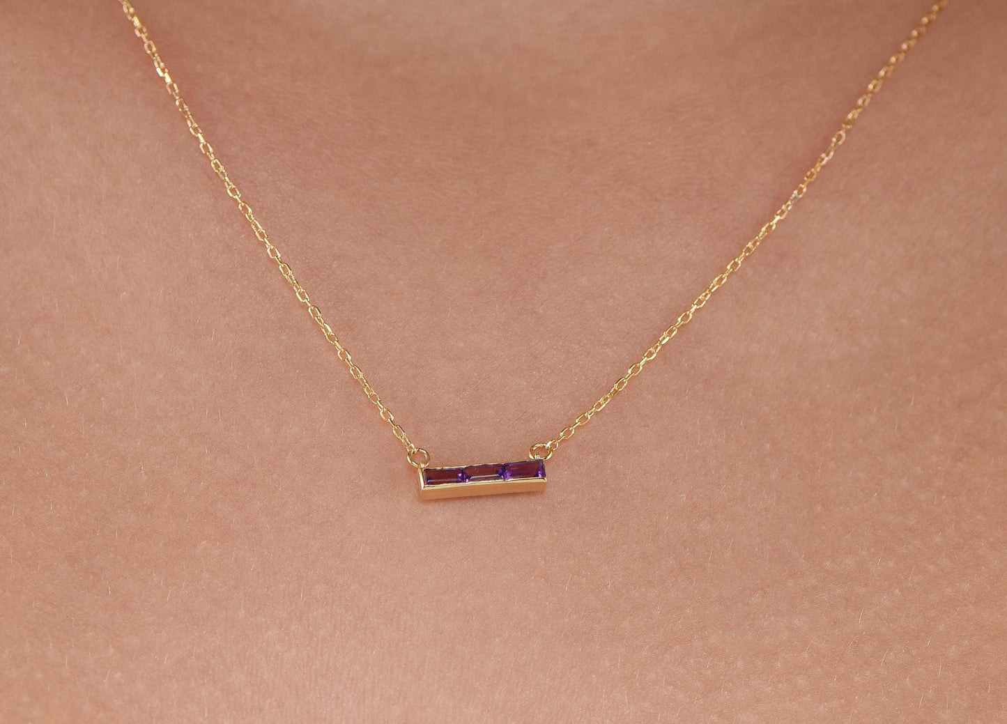 14K Yellow Gold Baguette Amethyst Bar Necklace - Dainty Purple Gemstone Pendant for Her
