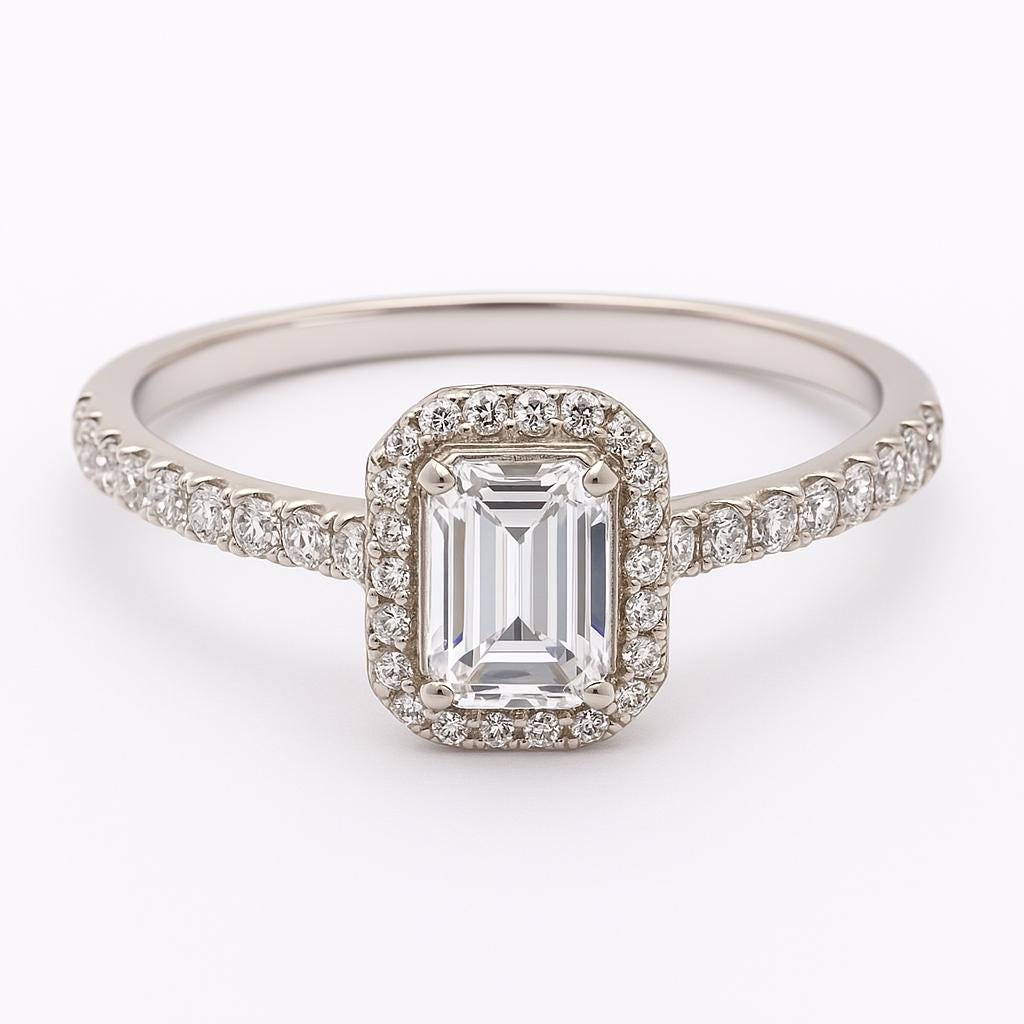 Emerald Cut Moissanite Halo Engagement Ring – 14K White Gold, GIA Certified, Dainty Handmade Ring, Customizable Gemstone Option