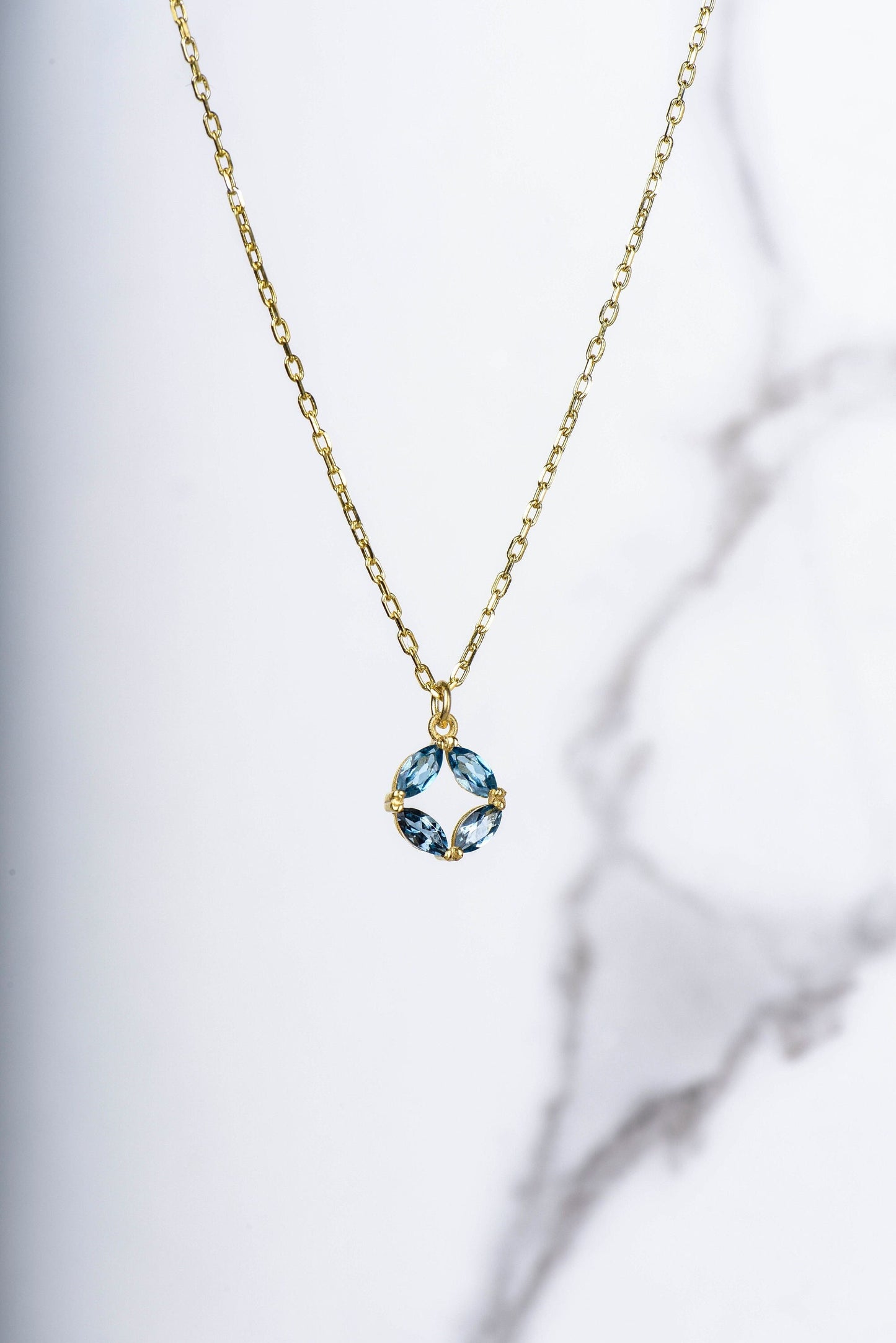 14K Yellow Gold London Blue Topaz Circle Necklace - Marquise Cut Gemstone Pendant for Her