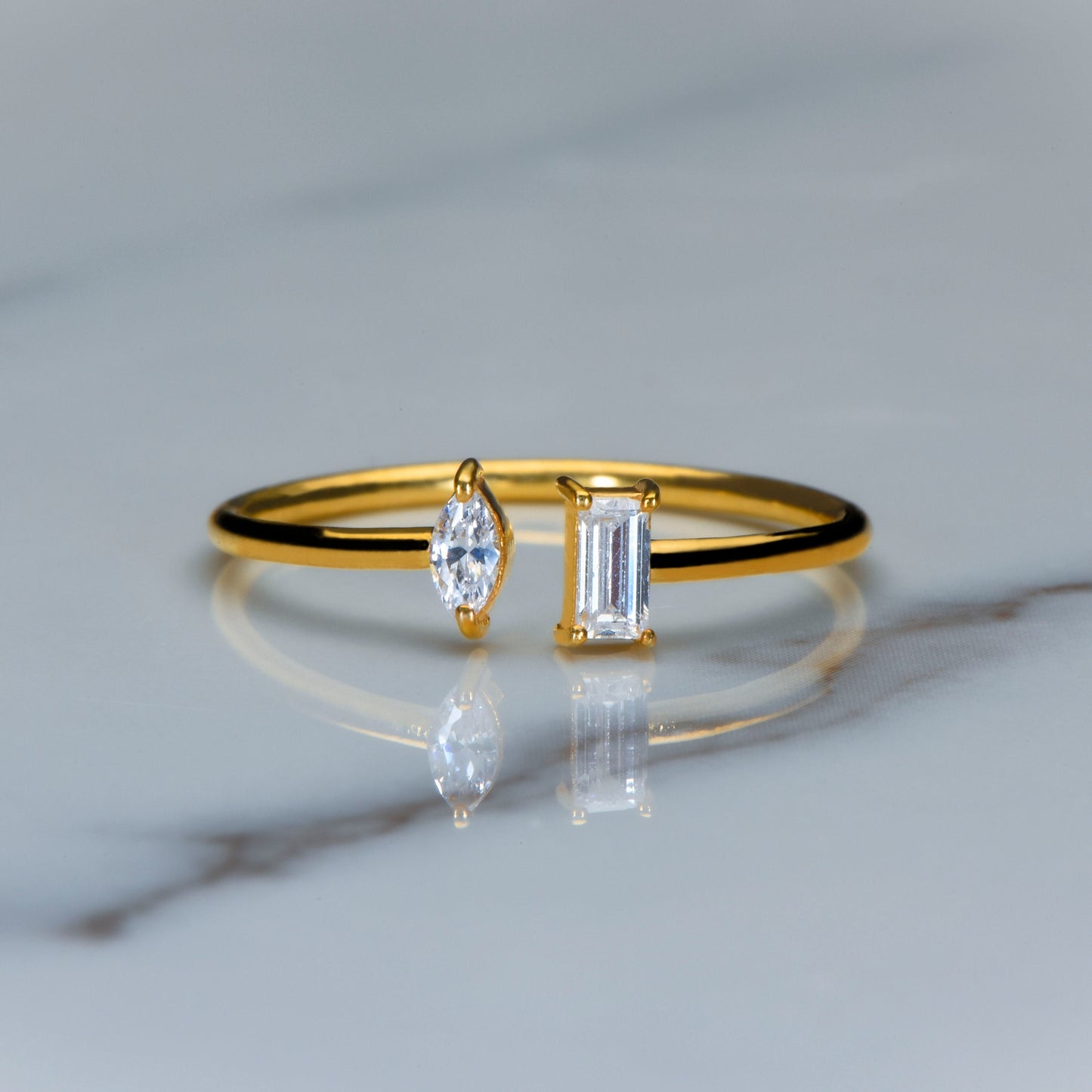 14K Solid Gold Open Ring with Marquise & Baguette Diamond – Minimalist Statement Ring
