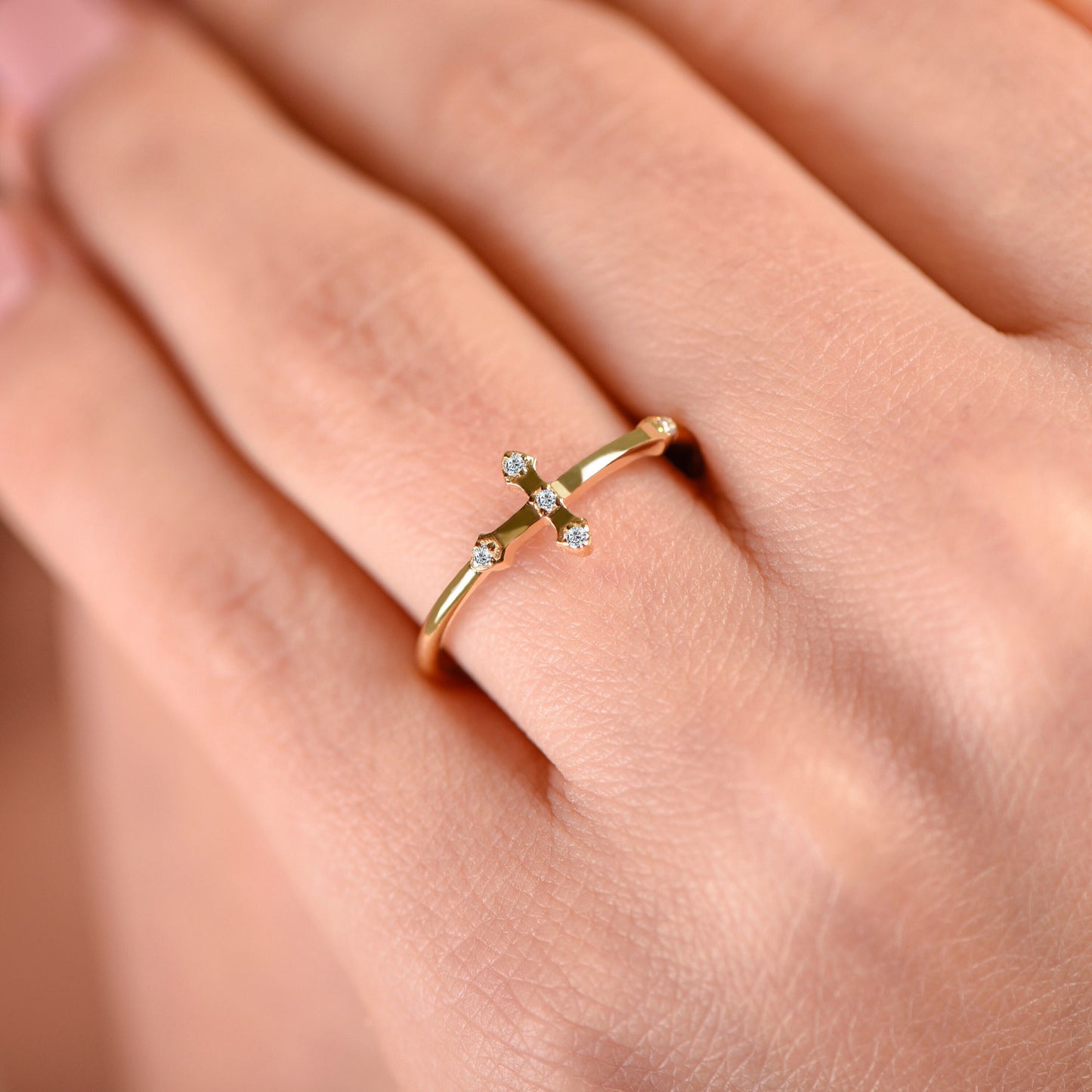 Solid 14K Gold Cross Ring – Minimalist Diamond Cross Ring, Christian Fine Jewelry