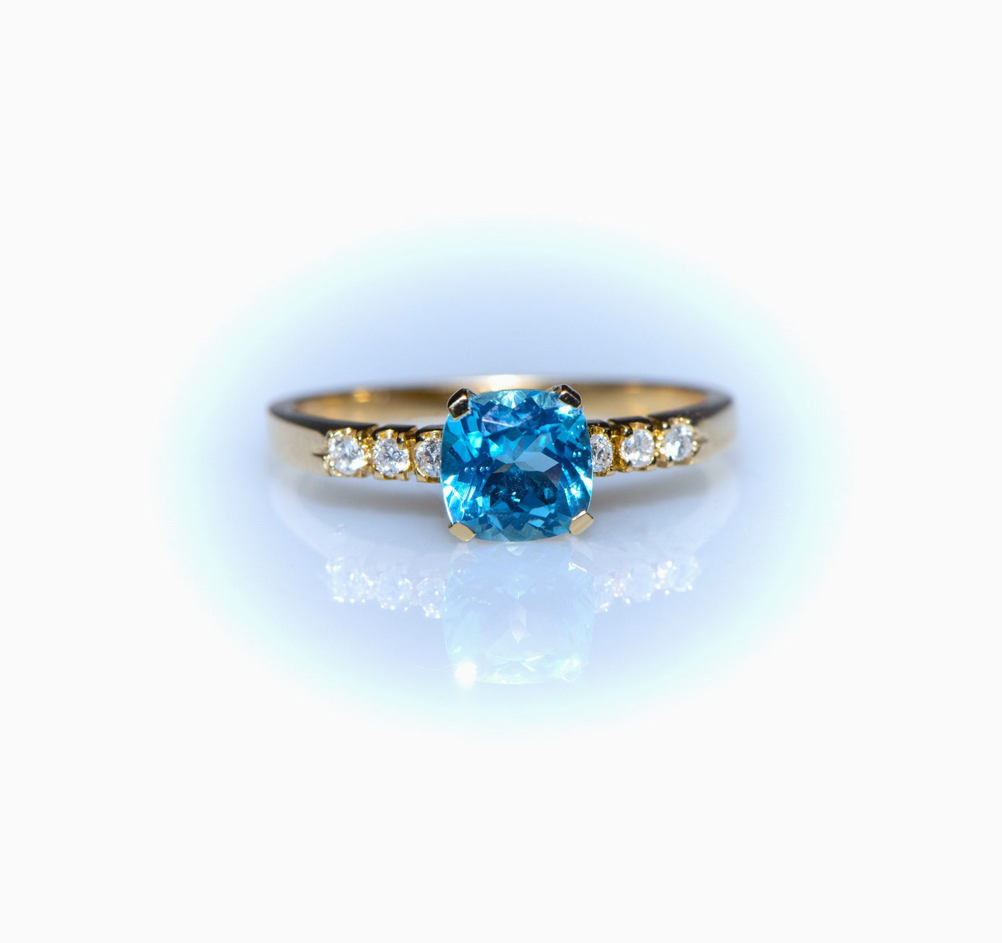 Aquamarine and Diamond Ring in 14k Gold – Cushion Cut Blue Gemstone Engagement or Mother’s Day Gift