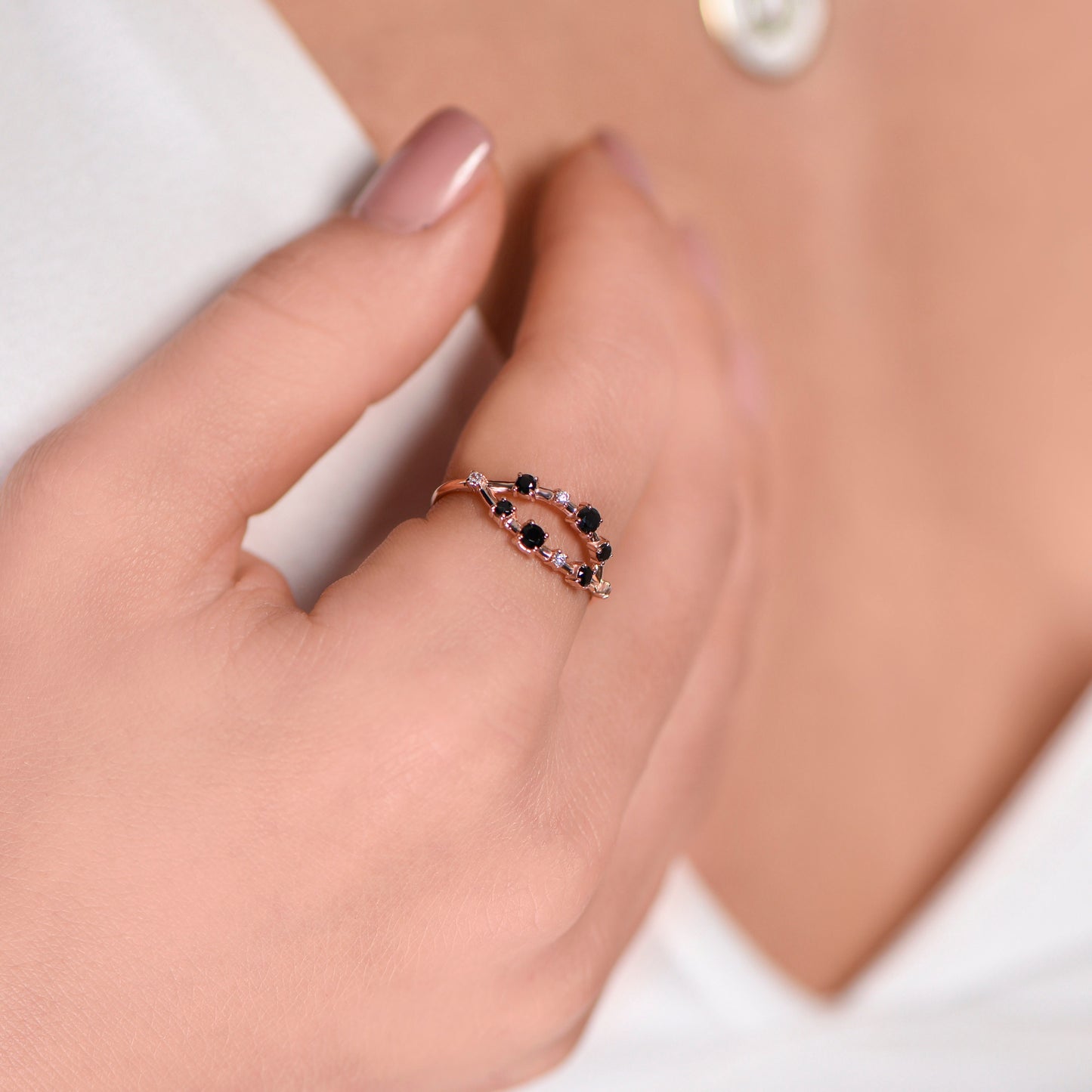14K Solid Rose Gold Ring with Black and White Diamonds – Unique Modern Stacking Band