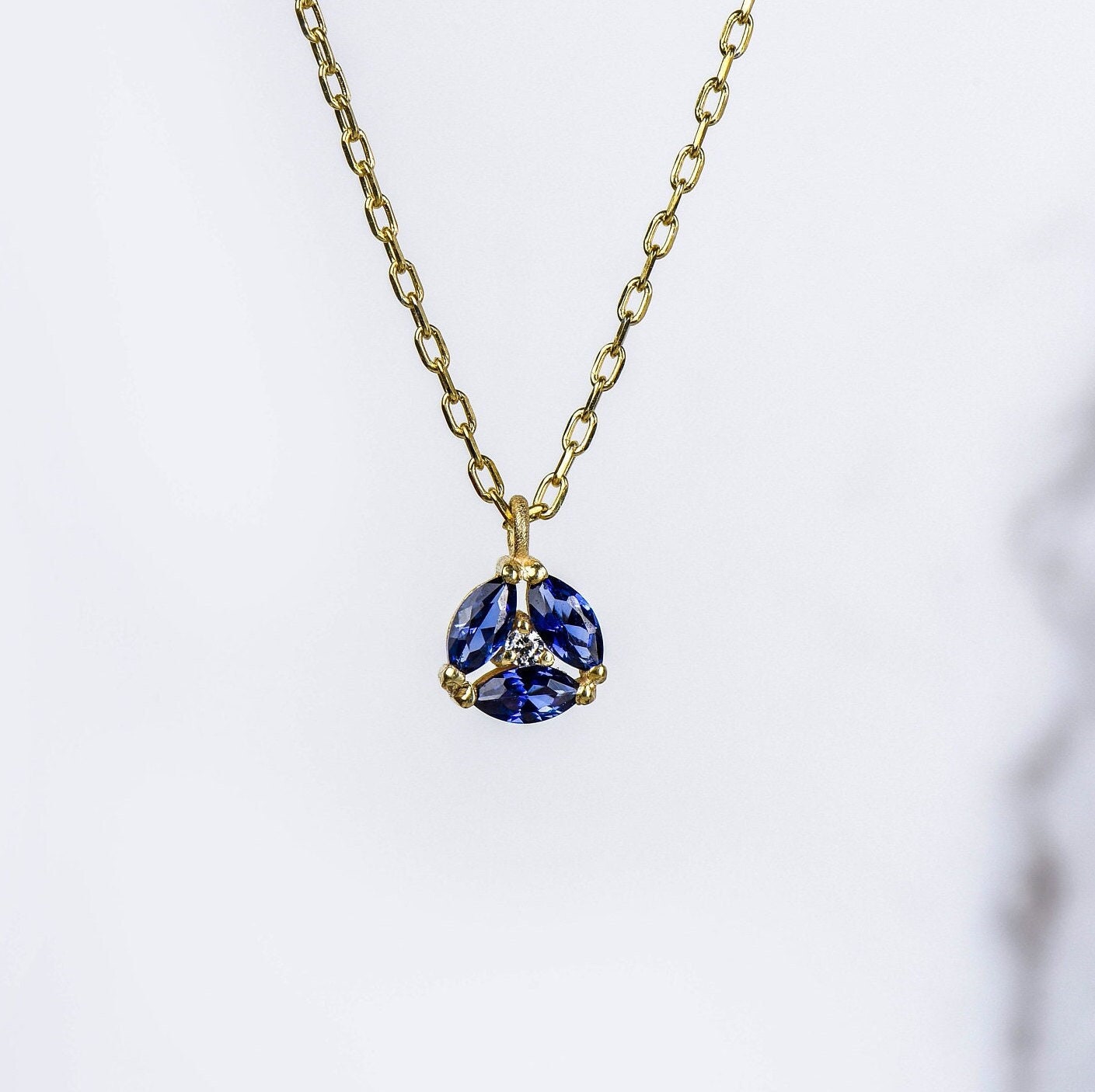 14K Yellow Gold Sapphire and Diamond Necklace - Marquise Cut Blue Gemstone Pendant for Her