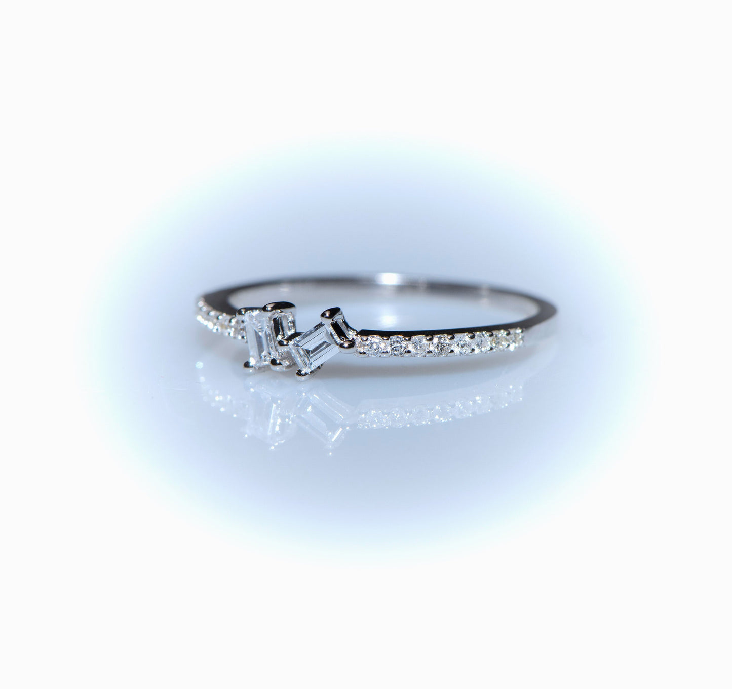14K White Gold Baguette Diamond Ring with Round Accents, Dainty Thin Band Engagement or Gift Ring for Her