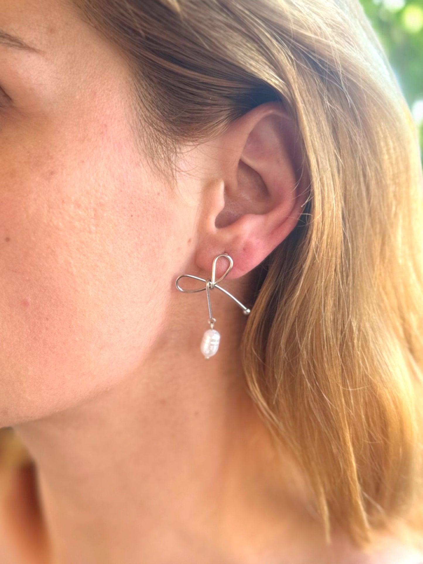 Ribbon Pearl Earrings, Solid Gold Ribbon Pearl Earrings, Pendant Pearl Earrings, Bridal Gift Ribbon Pearl Earrings, Christmas Gift Earrings