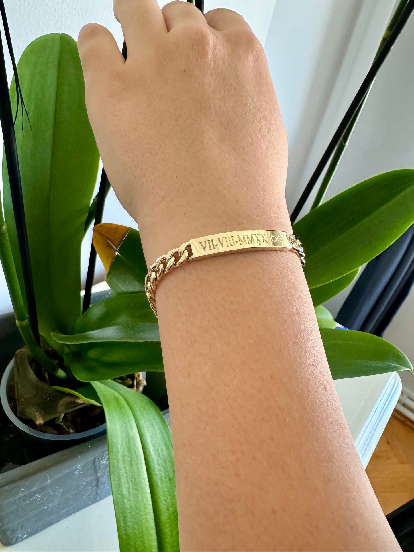 14K Gold ID Bracelet, Name Date Bar Cuban Link Bracelet, Personalized Engraved Bar Gold Bracelet,Valentine’s Day Gift,Gift for Love