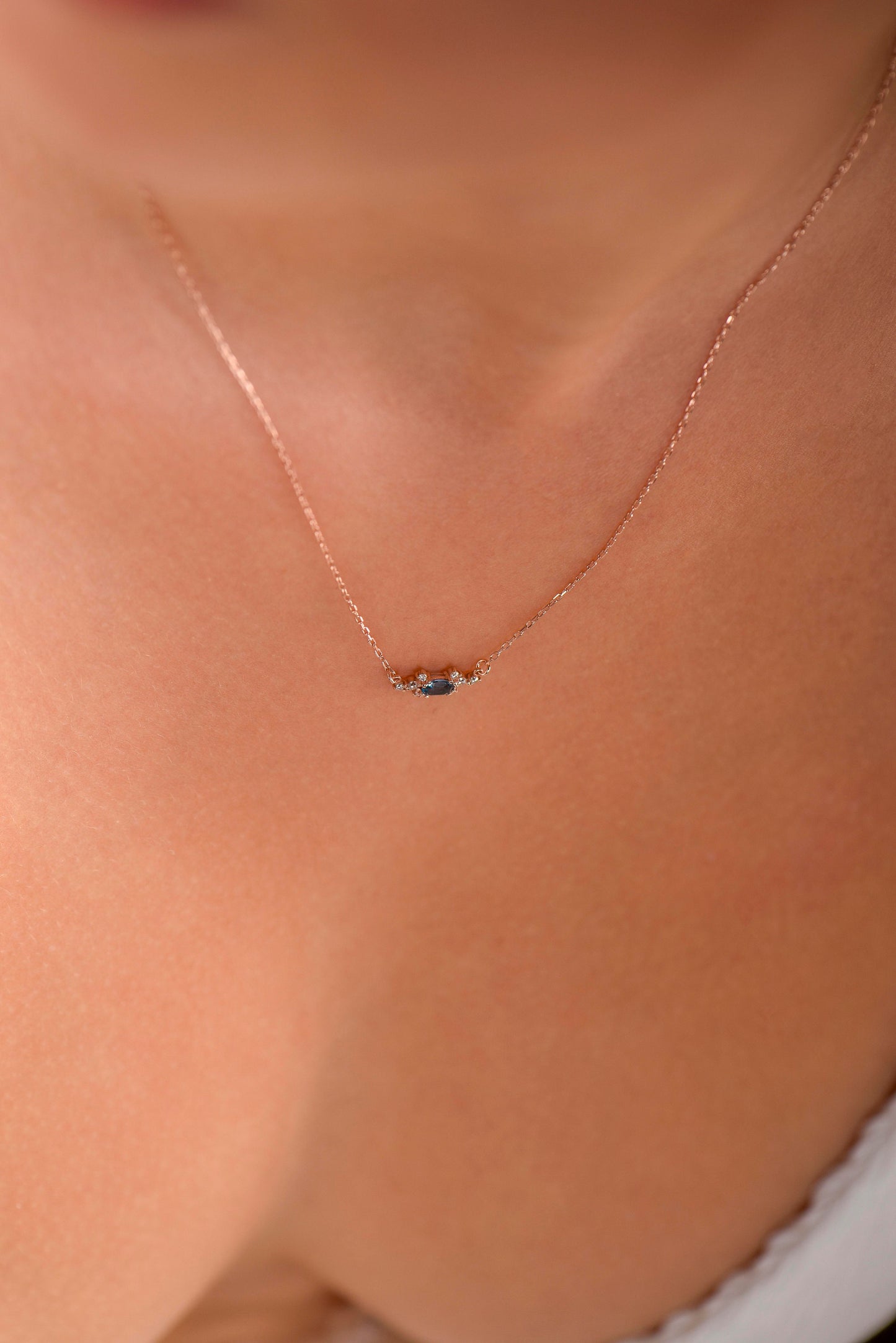 14K Rose Gold London Blue Topaz and Diamond Cluster Necklace - Oval Cut Gemstone Pendant for Her