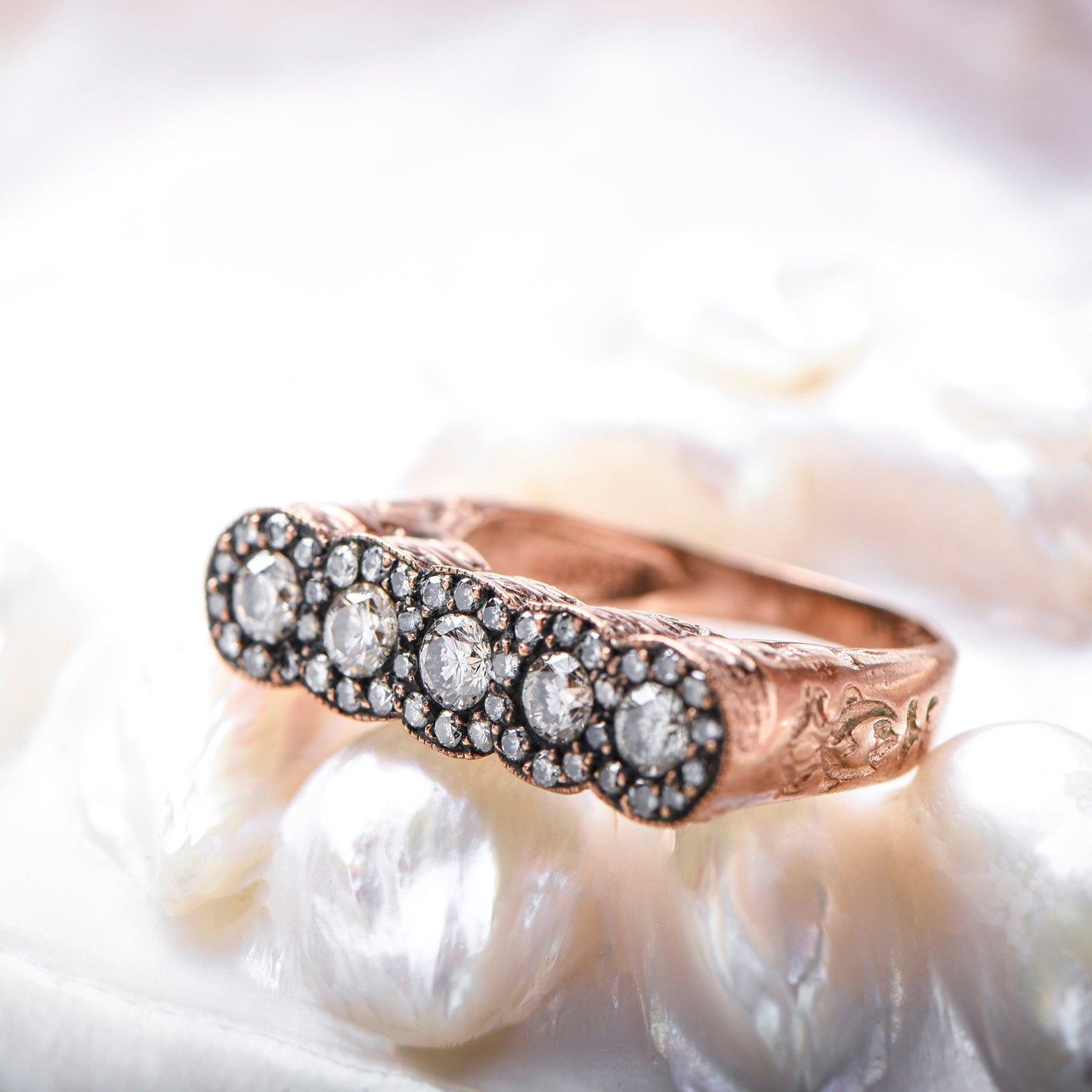 Solid Gold Ring, 5 Stone Ring with Antiqued Detail, Vintage Style Diamond Ring, April Gift Ring, Wedding Gift Ring,Gift For Mom