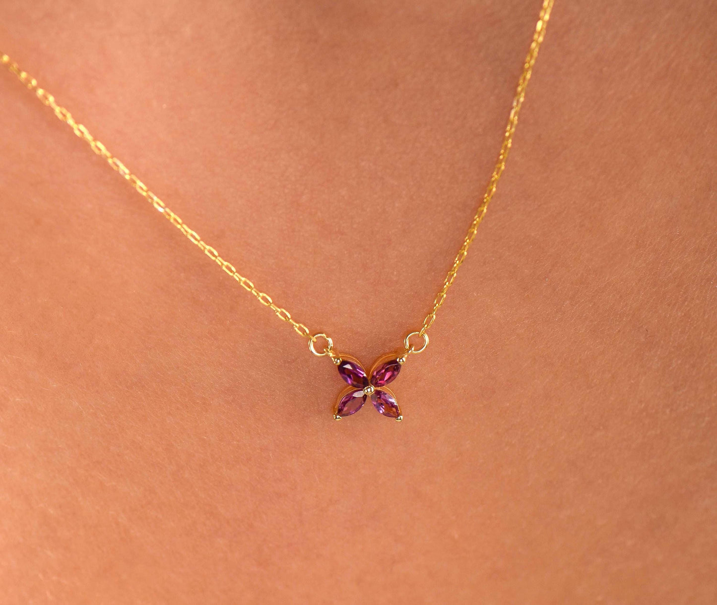 14K Yellow Gold Amethyst Flower Necklace - Marquise Cut Purple Gemstone Pendant for Her