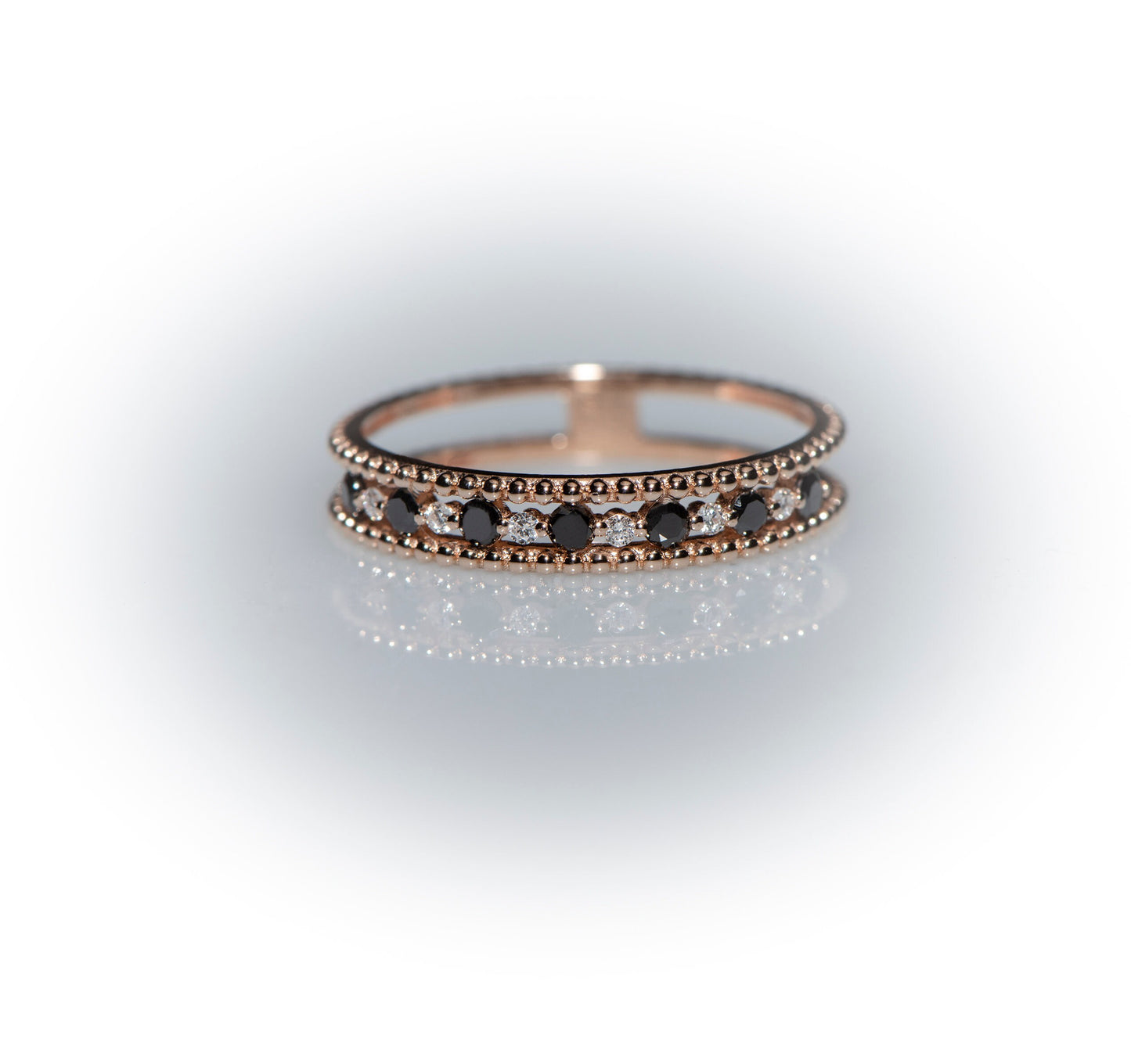 14K Solid Rose Gold Black And White Diamond Ring For Women,Diamond stacklable Ring,Diamond Wedding Band, Mothers Day Gift