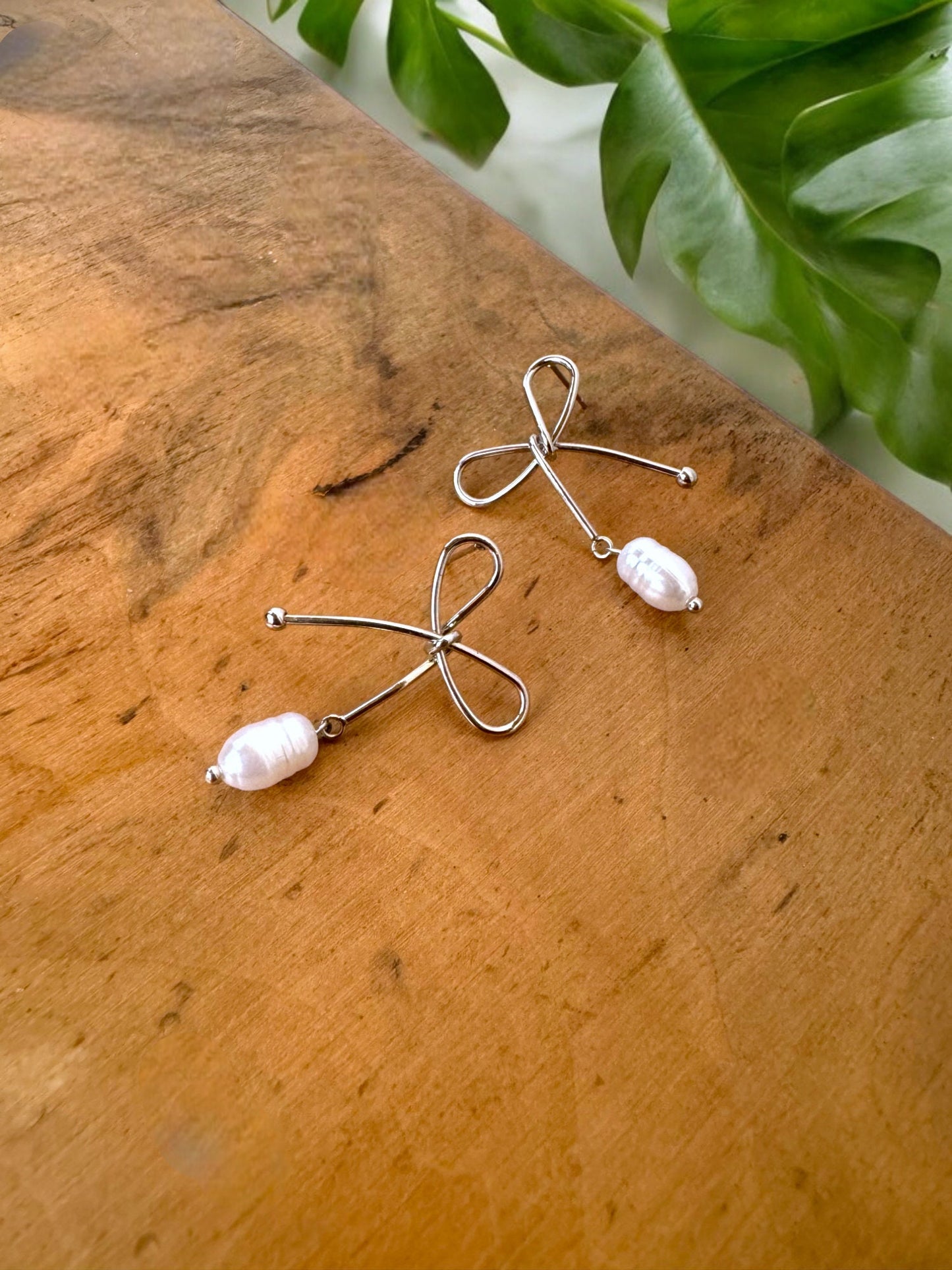 Ribbon Pearl Earrings, Solid Gold Ribbon Pearl Earrings, Pendant Pearl Earrings, Bridal Gift Ribbon Pearl Earrings, Christmas Gift Earrings