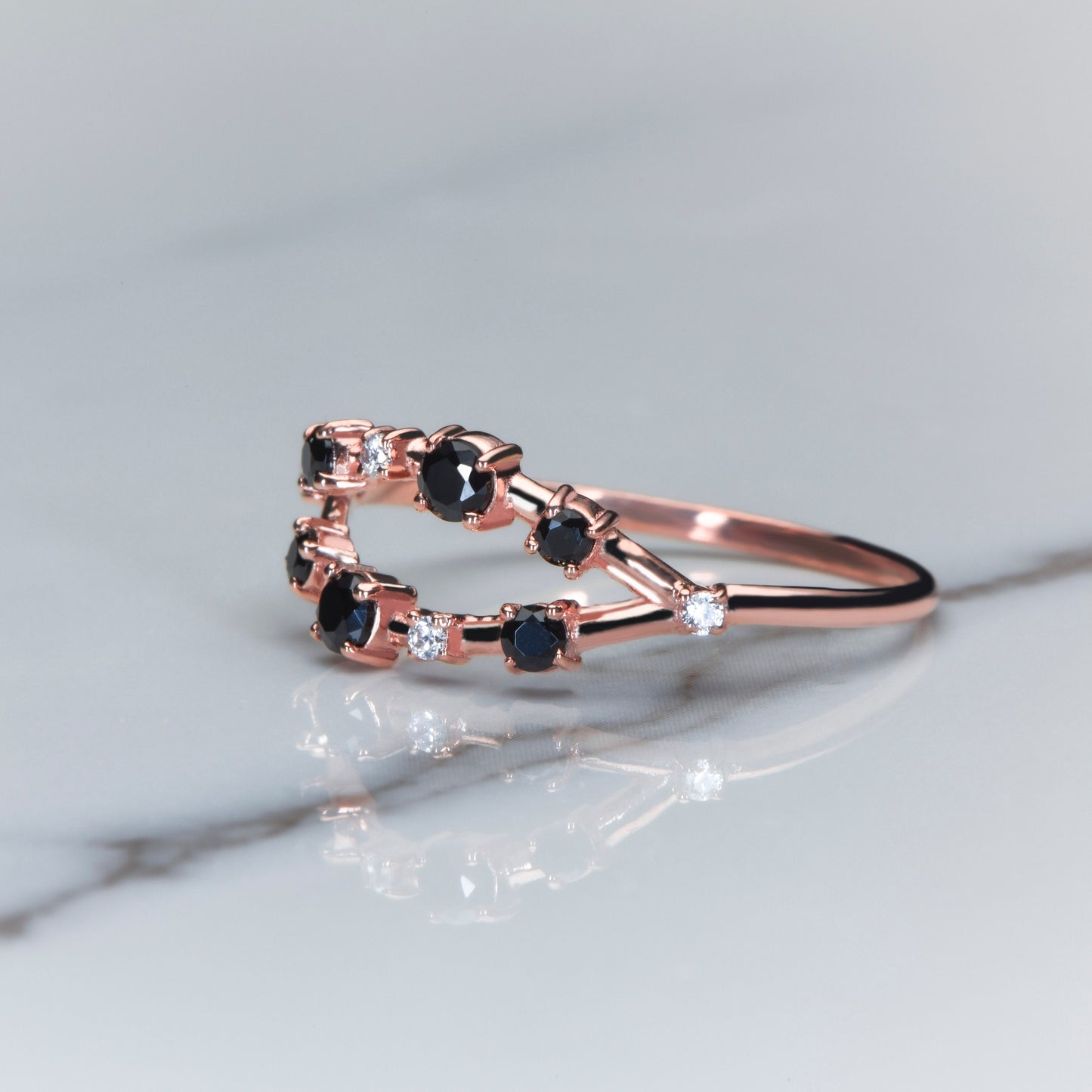 14K Solid Rose Gold Ring with Black and White Diamonds – Unique Modern Stacking Band