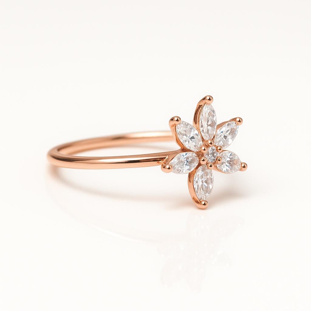 Marquise Diamond Flower Ring – 14K Rose Gold, Dainty Everyday Ring, Natural Diamond Gift, Customizable Floral Design