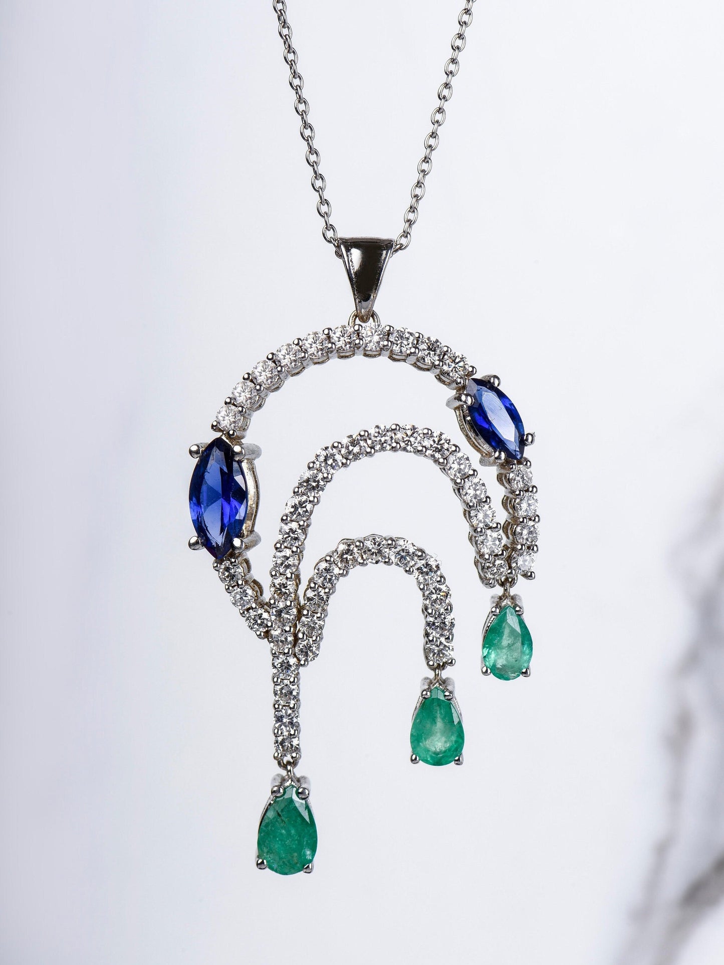 18K White Gold Diamond Emerald Sapphire Necklace - Luxury Statement Layered Pendant Fine Jewelry Gift
