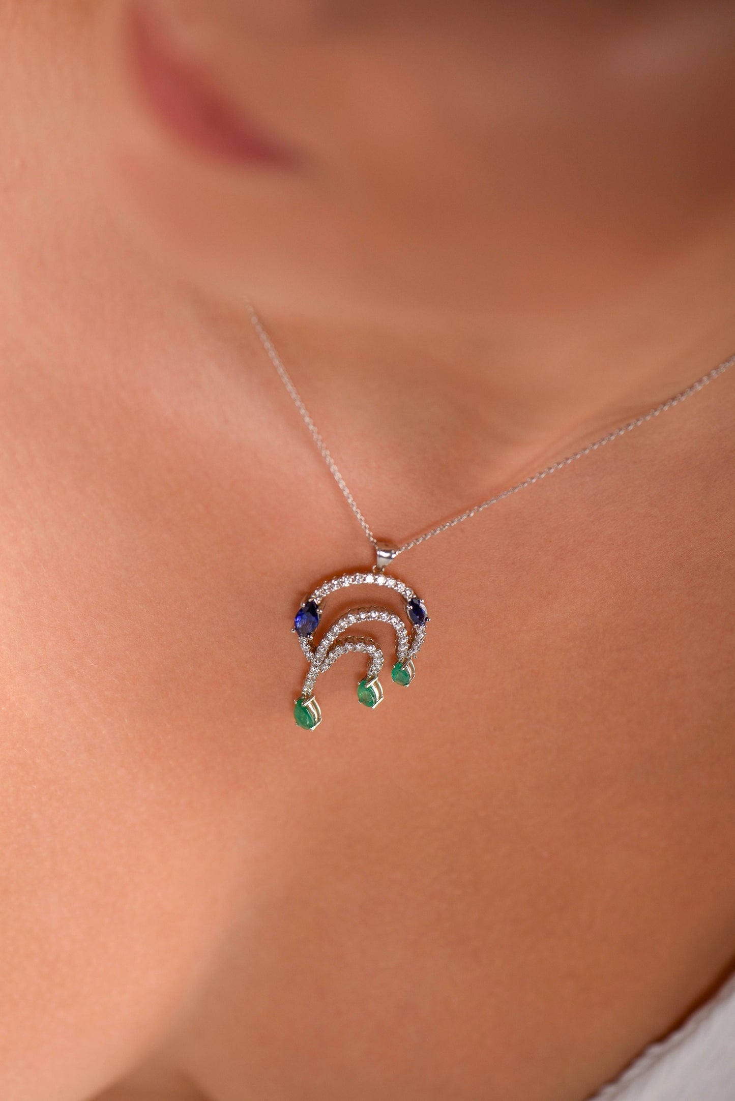 18K White Gold Diamond Emerald Sapphire Necklace - Luxury Statement Layered Pendant Fine Jewelry Gift
