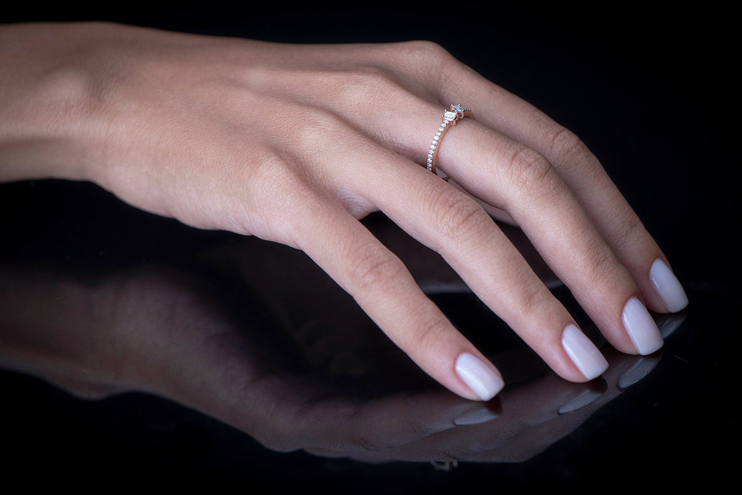 14K White Gold Baguette Diamond Ring with Round Accents, Dainty Thin Band Engagement or Gift Ring for Her