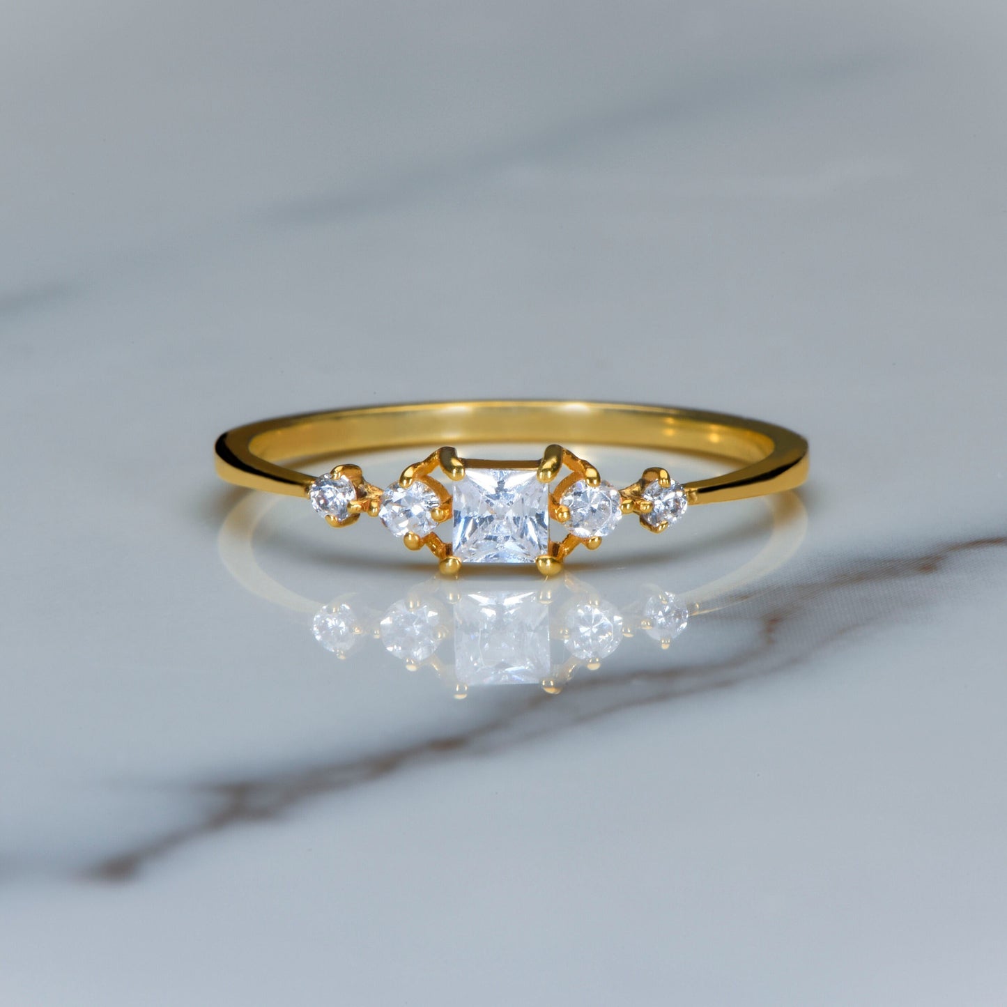14K Gold Princess Cut Diamond Ring, Dainty Thin Band Engagement Ring with Side Round Accents, Elegant Gift for Her