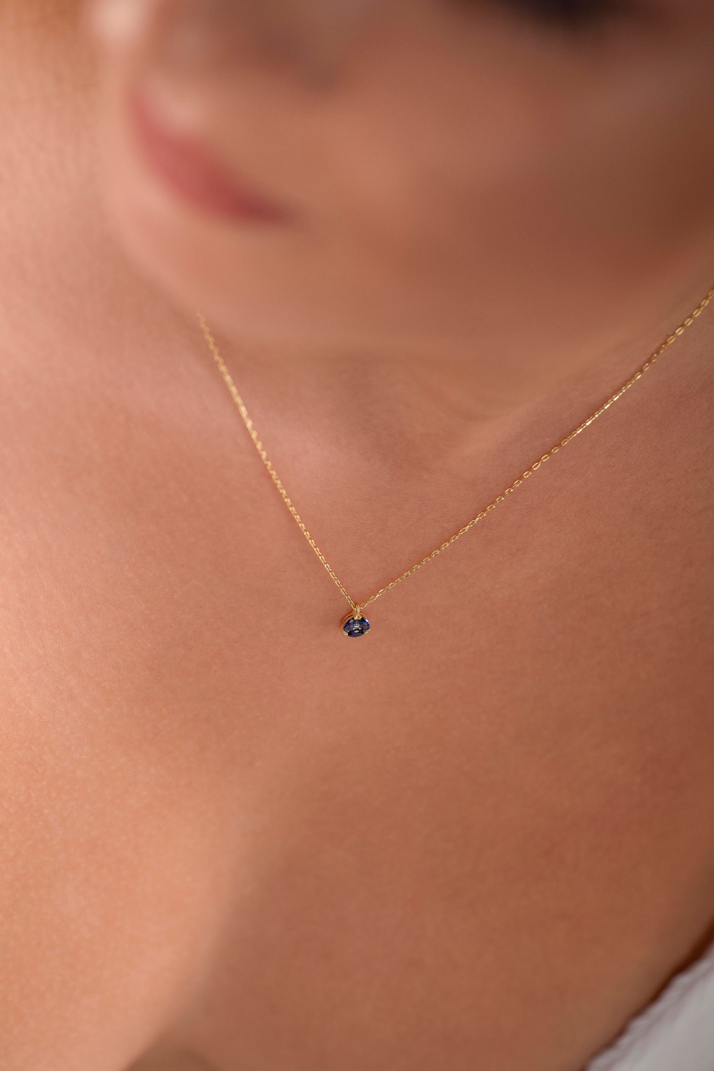14K Yellow Gold Sapphire and Diamond Necklace - Marquise Cut Blue Gemstone Pendant for Her