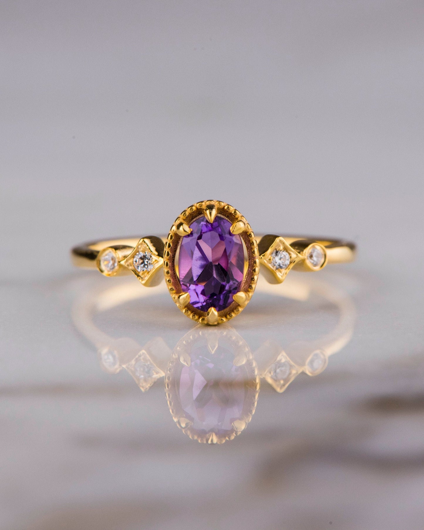 Oval Amethyst and Diamond Ring in 14k Gold – February Birthstone Engagement or Mother’s Day Gift