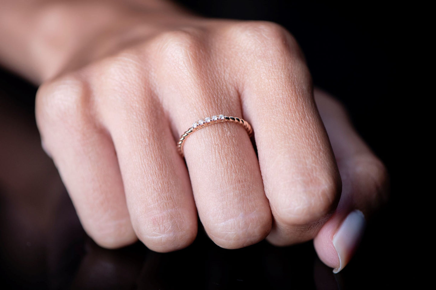 14K Rose Gold Twisted Band Diamond Ring, Dainty Stackable Ring with Round Cut Diamonds, Minimal Fine Jewelry