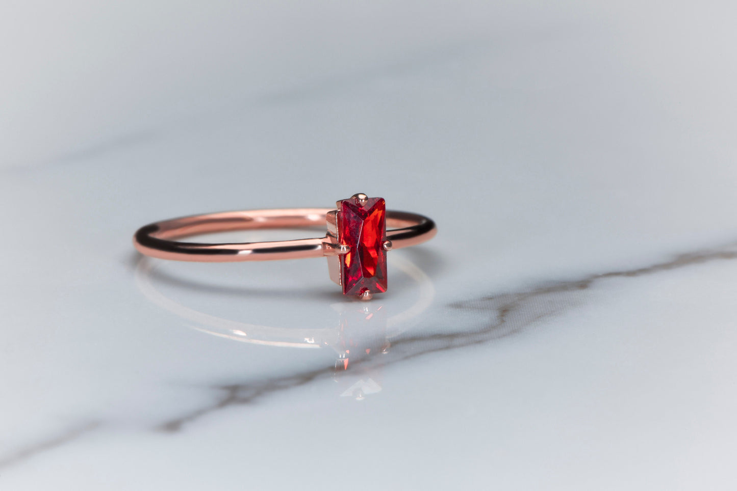 Minimalist Garnet Birthstone Ring in Rose White or Yellow Gold | Baguette Cut Garnet Ring | 8K 14K 18K Solid Gold Thin Band