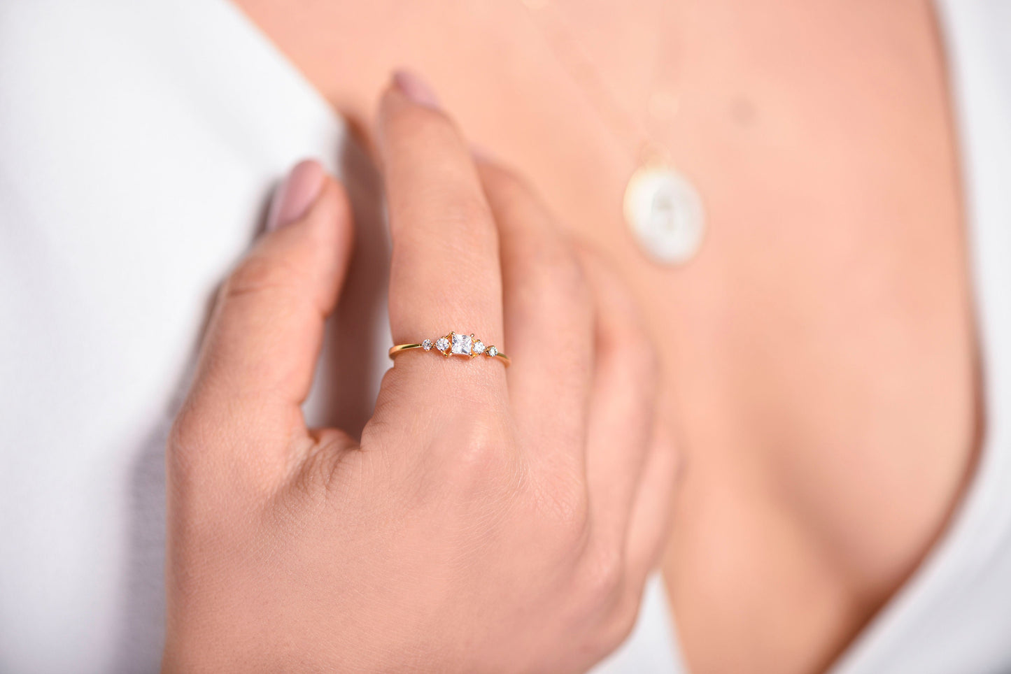 14K Gold Princess Cut Diamond Ring, Dainty Thin Band Engagement Ring with Side Round Accents, Elegant Gift for Her