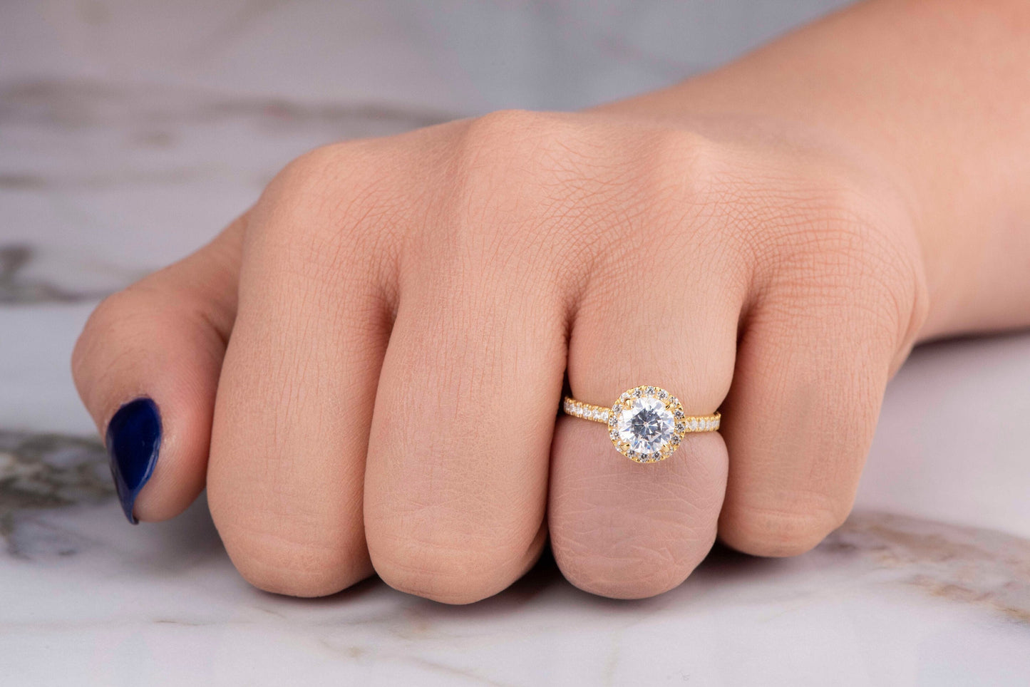 Halo Moissanite Ring, 14K Solid Yellow Gold, 1 Carat Round Cut Simulated Diamond, Engagement Ring, Wedding & Marriage Proposal