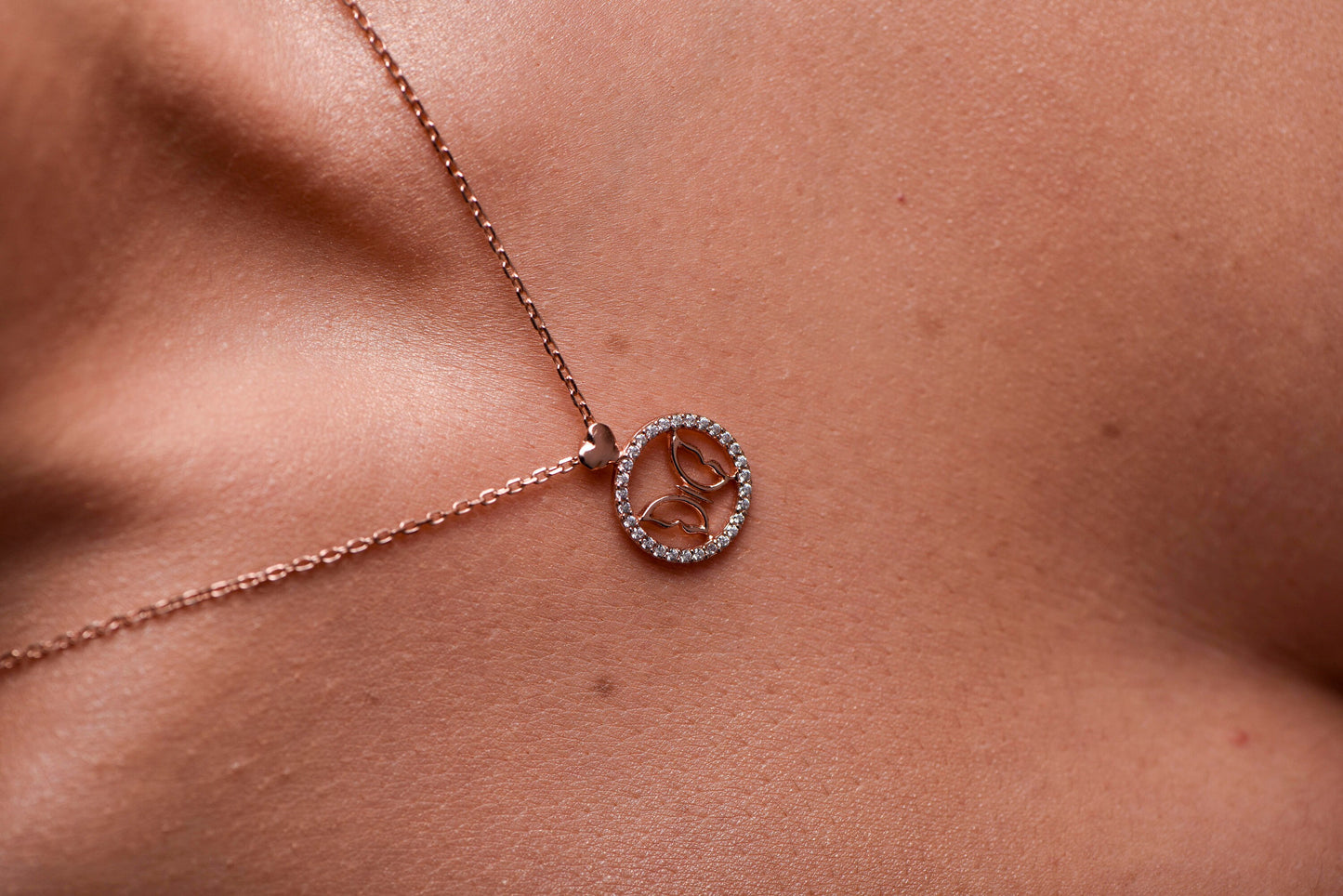 Solid Gold Butterfly Necklace -Butterfly Rose Gold Necklace with Dainty Diamonds - Handcrafted Statement Piece-Christmas Gift Necklace
